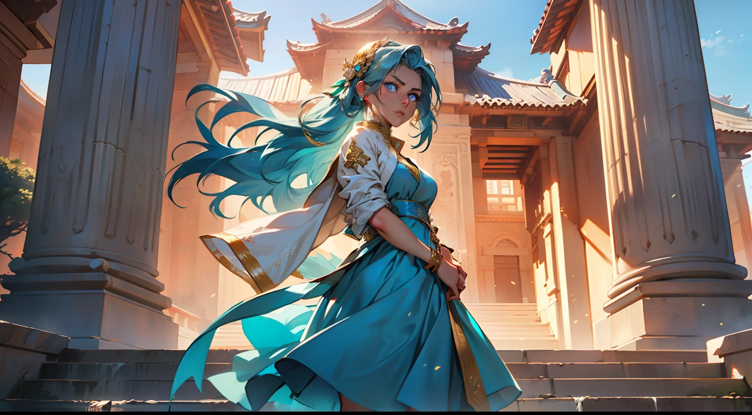 22. (The girl, with (((Blue Eyes))) and long blue hair, wearing a light blue dress with a white gauze jacket, a young woman graceful and dignified, looks disgusted) (Background: A magnificent ancient imperial palace, resplendent with gold and jade).