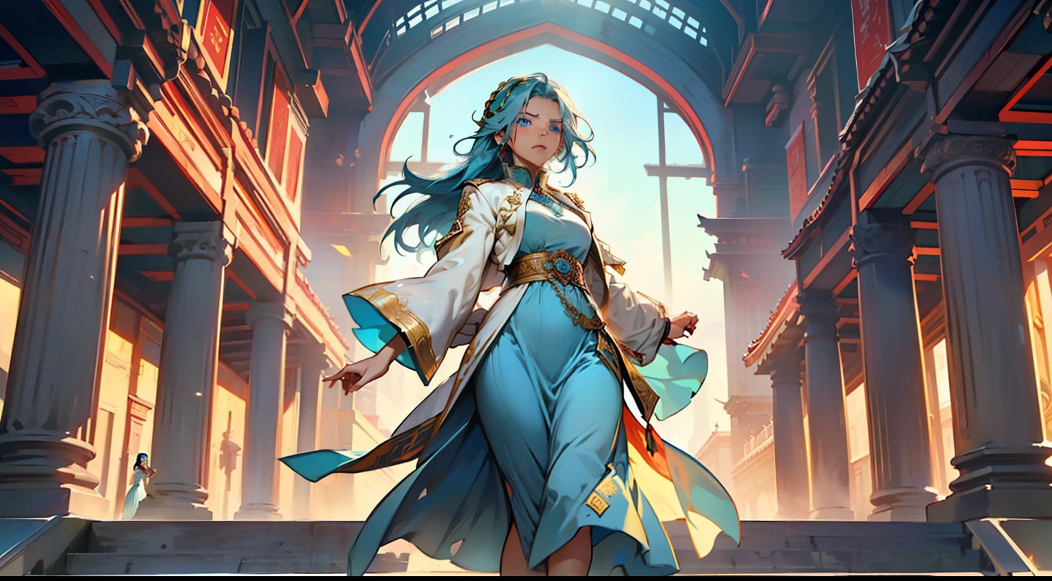 22. (The girl, with (((Blue Eyes))) and long blue hair, wearing a light blue dress with a white gauze jacket, a young woman graceful and dignified, looks disgusted) (Background: A magnificent ancient imperial palace, resplendent with gold and jade).