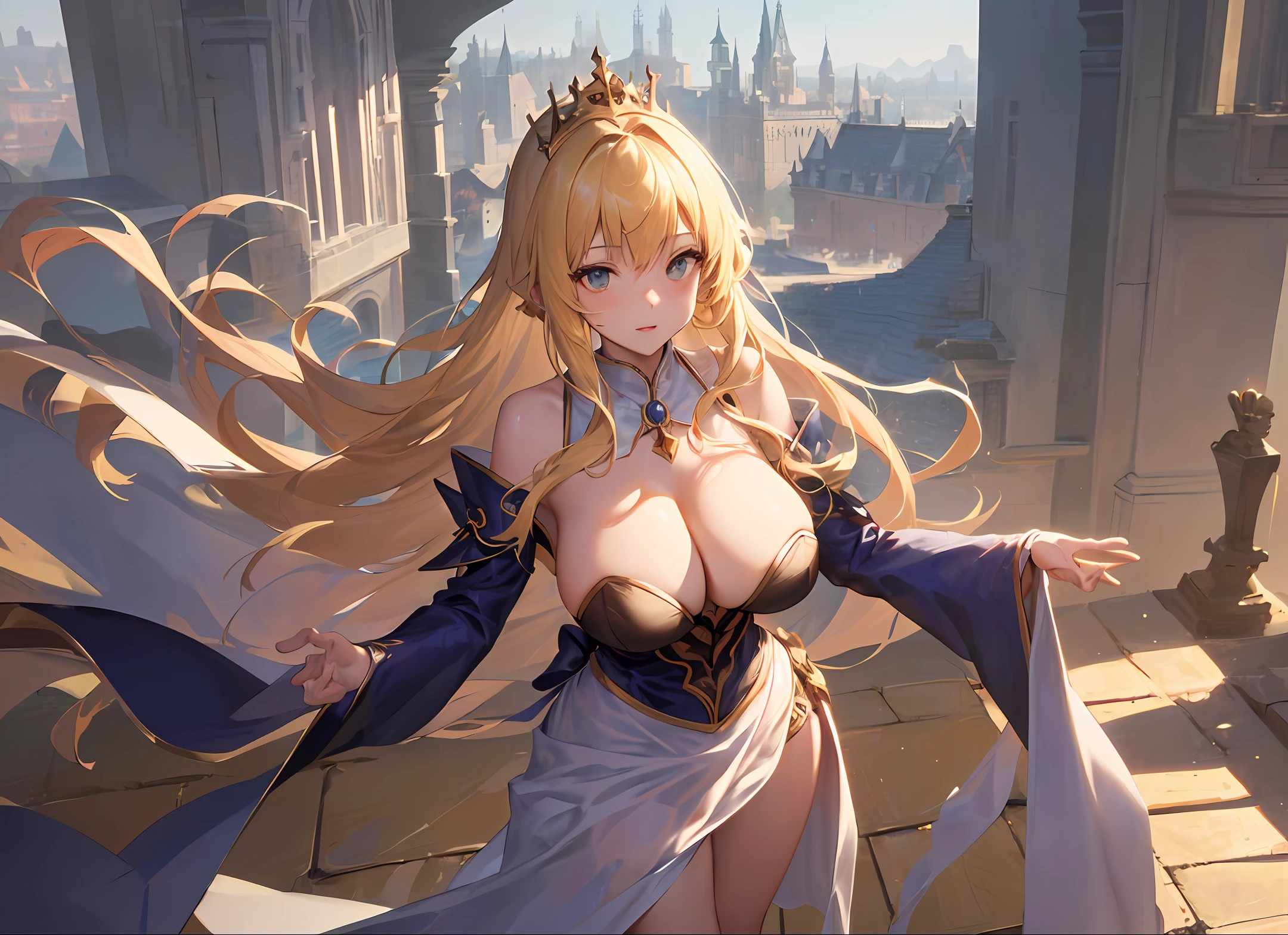 Miss Qianjin is gentle, sweet, considerate and arrogant, with white skin, beautiful long-legged 4K anime characters((midynight, Need, 8k, tmasterpiece:1.3)), full bodyesbian, Long legs, Focalors:1.2, perfect figure beautiful woman:1.4, Slim abs:1.1, ((Blonde hair, huge :1.2 )), (, The beautiful princess bandeau dress shows nobility, standing on your feet:1.2), ((Magical grand castle, the roof:1.3)), Highly detailed facial and skin texture, A detailed eye, 二重まぶた