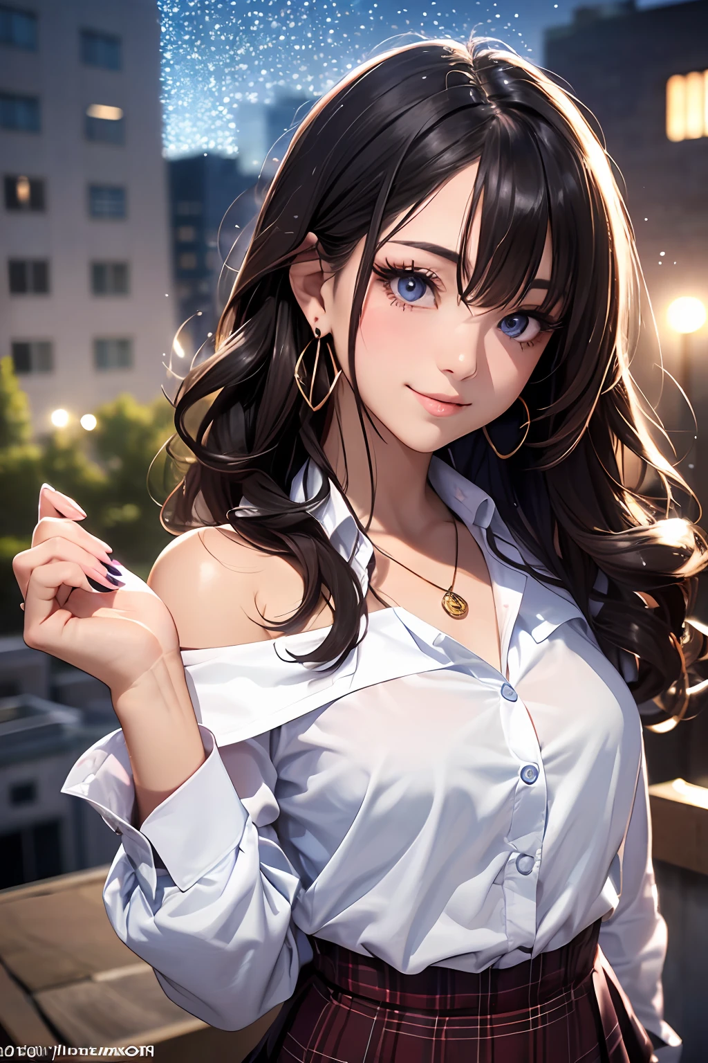 (masutepiece: 1.3), (max resolution: 1.2), (Ultra HDTV: 1.2), cinema lite, Ultra HDTV, (Detailed eyes and skin), (detailed facial features), ultgp, 8K resolution, Sharp Focus: 1.2, Perfect Style, Beautiful Face, accurate, Anatomically correct, Highly detailed face and skin texture, Detailed eyes, Dark-blue eyes, Double eyelids, Thin eyebrows, dropping eyes, (Glitter Eyeliner:1.2), Natural cheeks, Glossy skin, (Fair skin:1.2), shiny necklace and earrings, (Glossy lips: 1.4), break, absurderes, One-person viewpoint, (she is high school Student), (Wearing a Button up shirt, blazer, Pleated mini skirt, high heels), ((off-shoulder:1.2)), (shy smile:1.2), ((Innocent and very cute girl:1.3)), (Layered hairstyle, Wavy Hair), (Dark brown hair:1.2), Medium Long Hair, (Full body shot: 1.2), Focus on Face, medium large breasts, ((sexy pose on Instagram:1.2)), ((In the School Rooftop at night)),