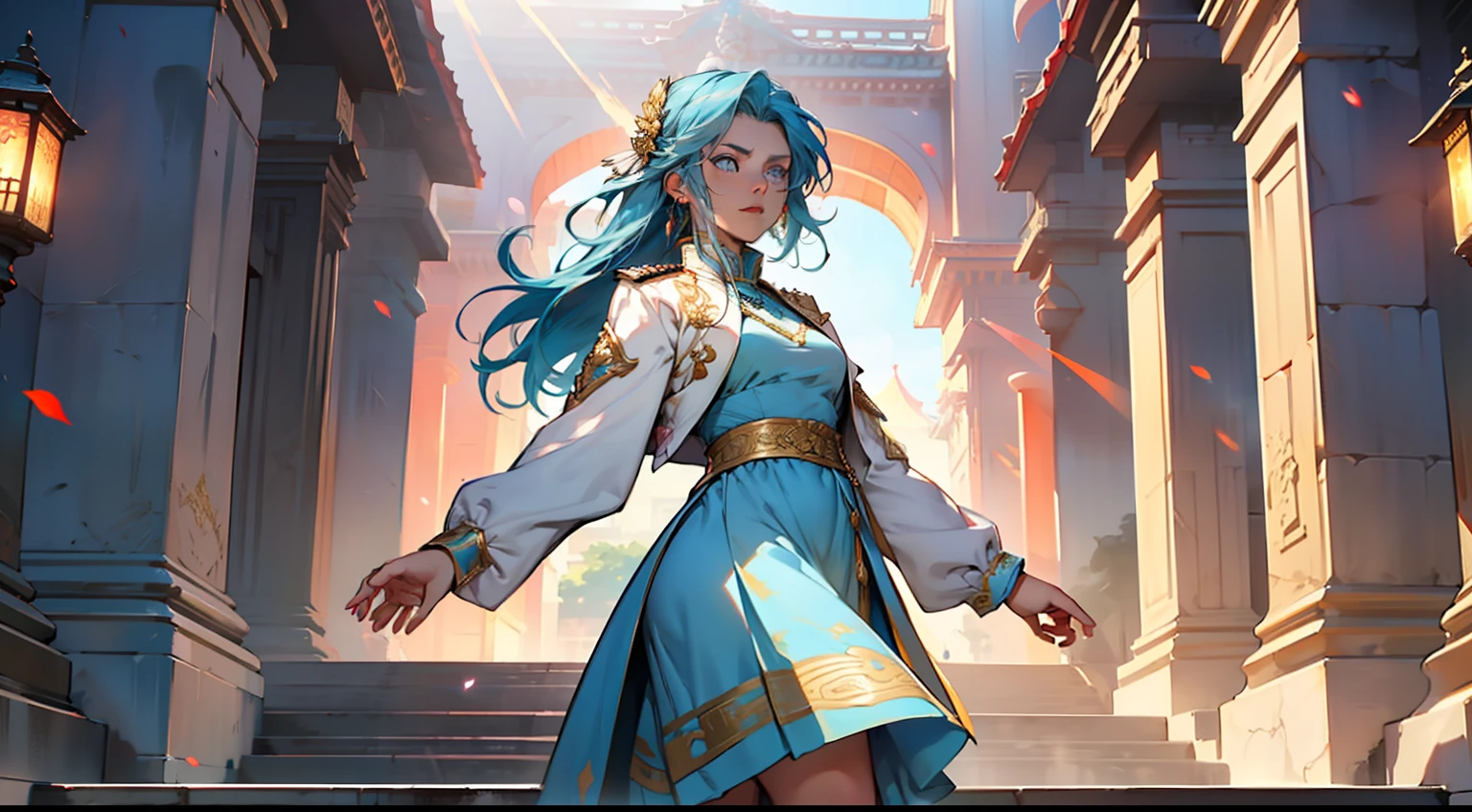 22. (The girl, with (((Blue Eyes))) and long blue hair, wearing a light blue dress with a white gauze jacket, a young woman graceful and dignified, looks disgusted) (Background: A magnificent ancient imperial palace, resplendent with gold and jade).