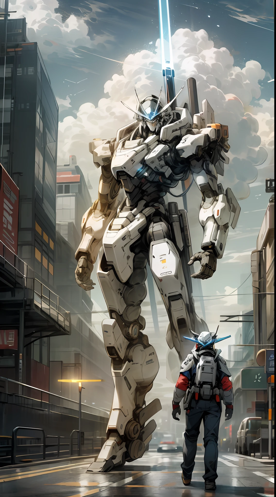 One wears a mecha uniform,Man with lightsaber,which stands on the street,Turn your back to the picture,Behind is a full-body mech that is 40 times larger than a human,Totally standing at the end of the street,Own the sky,Clouds and spaceships,A city rich in science fiction