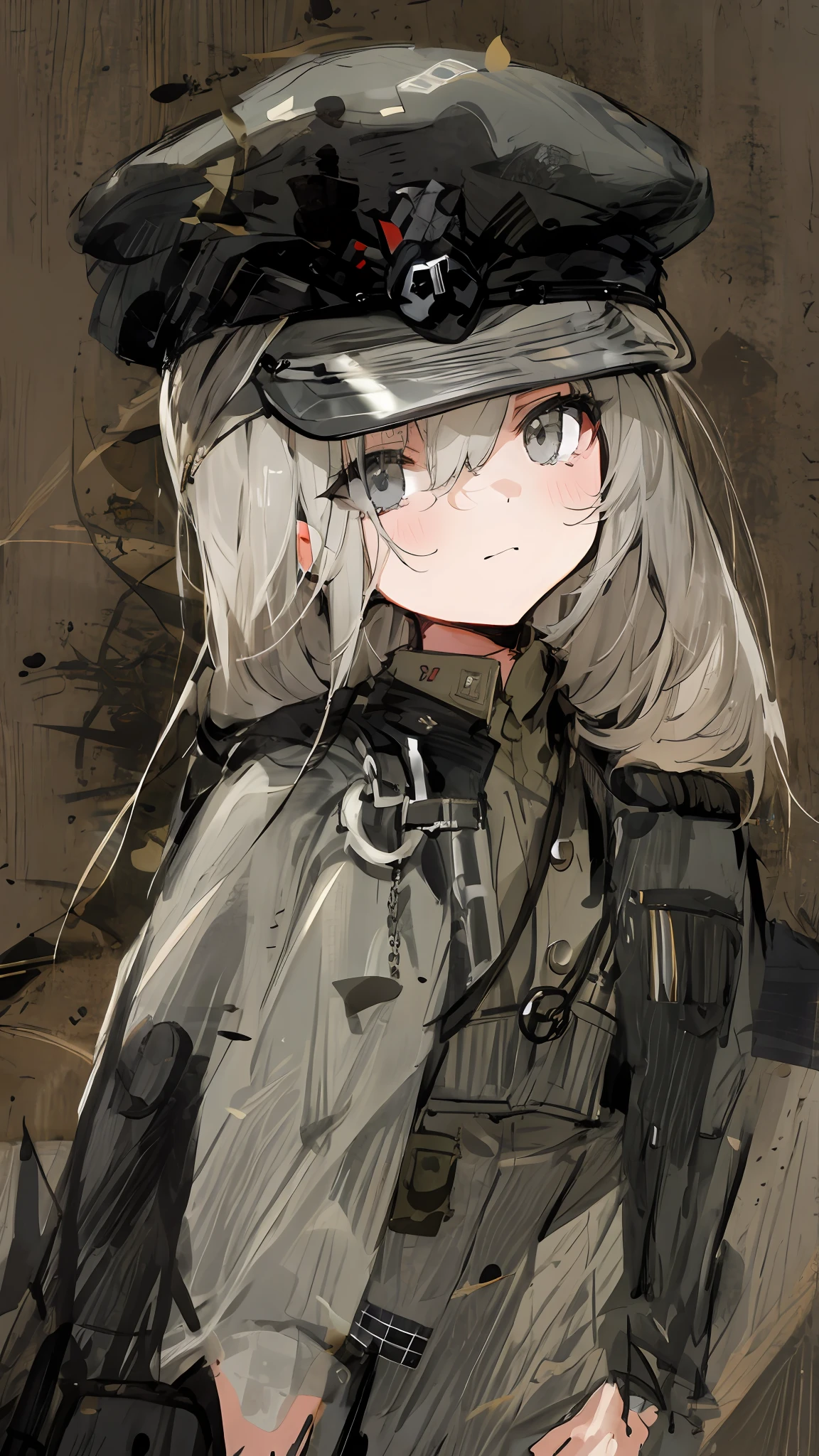 Light gray hair,dark gray eyes,handcuff,Petite girl,The face is solemn,Military caps and uniforms,Fascist Nazis,The right eye is blocked by hair