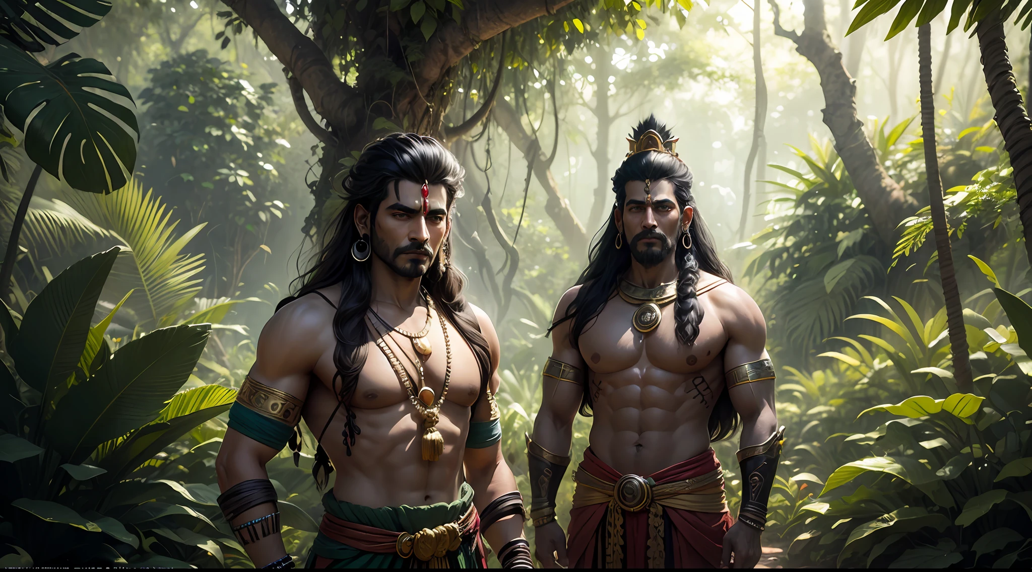 Shiva the indian god , 8k ultra realistic ,a king in the jungle with his army , king in the forest with many peoples , many army in the jungle , king and his army something searching in jungle