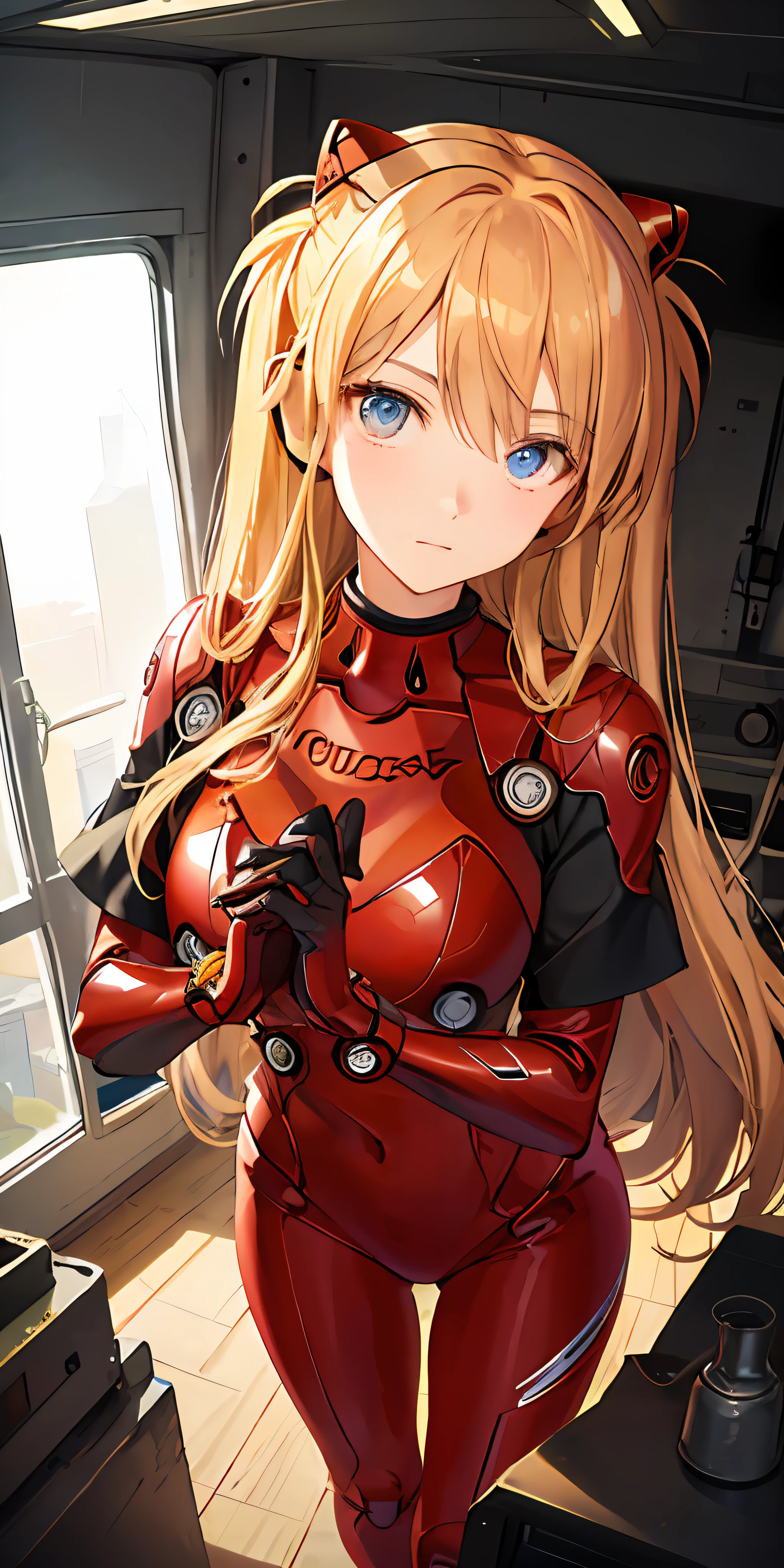 (Overhead view),dynamic angle,ultra-detailed, illustration, close-up, straight on, 1girl, 
 ((souryuu asuka langley, interface headset, red bodysuit:1.4, blonde)),Her eyes shone like dreamy stars,(glowing eyes:1.233),(beautiful and detailed eyes:1.1),(expressionless,closed mouth),(standing), 
(mechanic room with toolsand spaceship windowin a white SPACESHIP),
(night:1.2),dreamy, [[delicate fingers and hands:0.55]::0.85],(detail fingers),