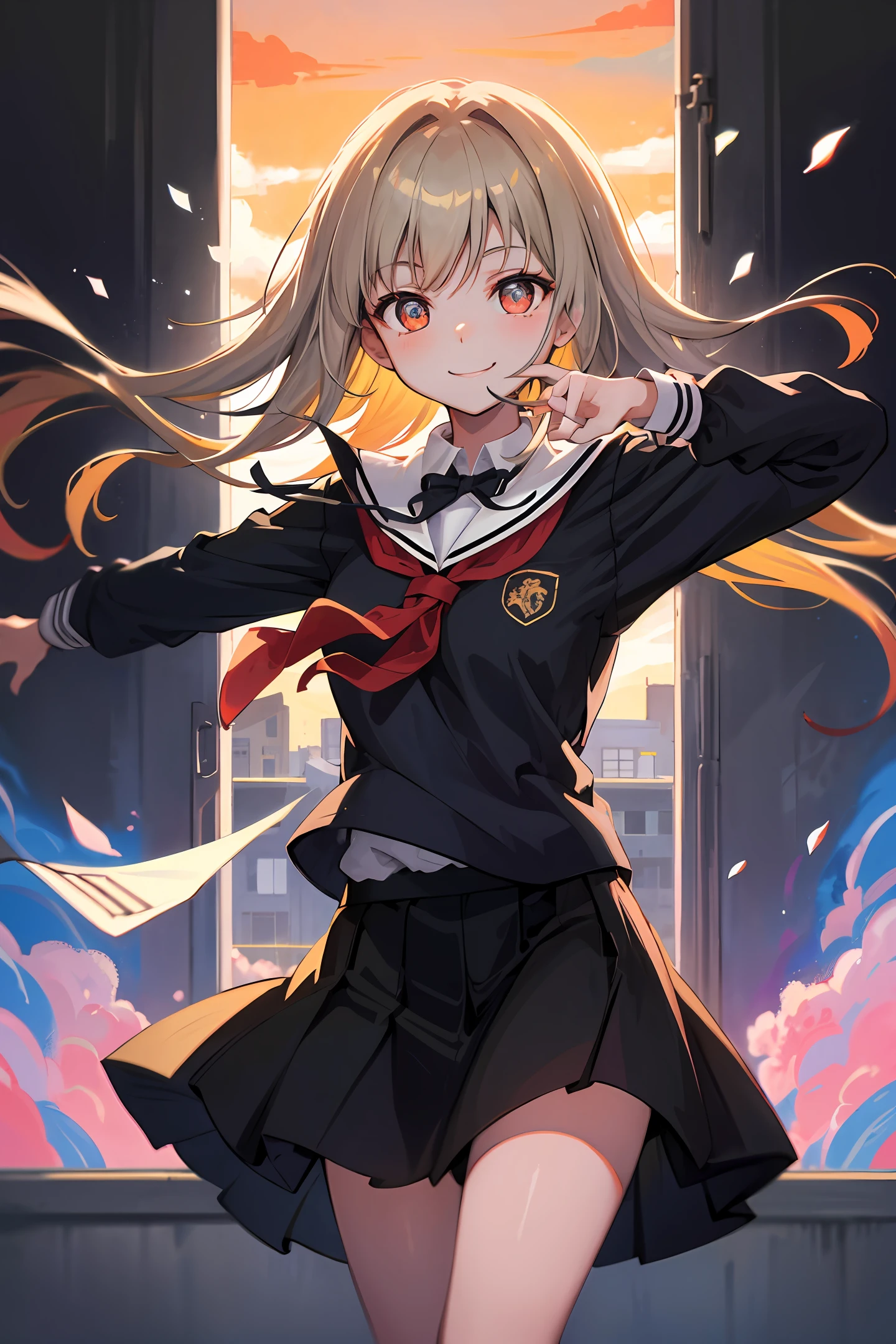 (School life, high saturated:1.2) This is a painting depicting the school life of a young girl。The girl in the painting is wearing a black school uniform,The short black skirt is fluttering,Smile and look directly at the viewer。The background of the classroom is minimalist,The slender and cute image of the girl is highlighted。The girl's hair was fluffy,Dull hair dances softly in the wind,The glowing eyes reveal the girl's beautiful expectations for the future。