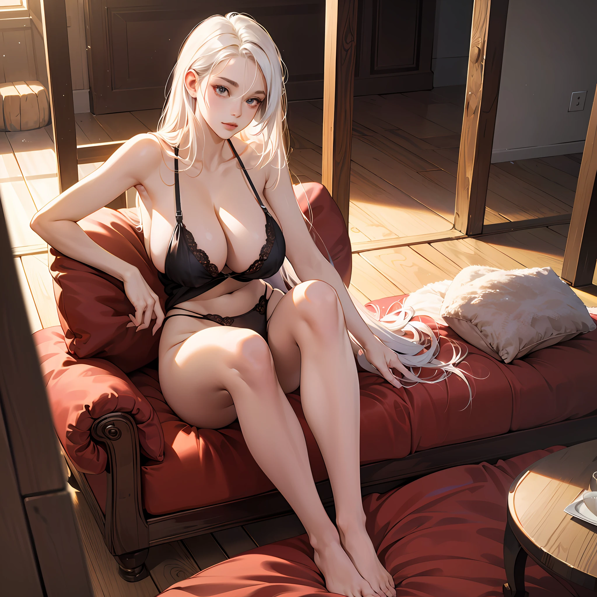 ulzang-6500-v1.1,(RAW photo:1.2), (Photorealistic:1.4), Beautiful Meticulous Girl, very detailed eyes and faces, Beautiful detailed eyes, absurderes, unbelievable Ridiculous, hugefilesize, ultra - detailed, A high resolution, The is very detailed,best qualtiy,tmasterpiece,((Stylish clothing in a variety of colors)),illustratio,The is very detailed,CG,unified,8k 壁纸,Amazing Cleavage,finely detailled,tmasterpiece,best qualtiy,The is very detailed的 CG unified 8k 壁纸,light in face,cinmatic lighting, 1girll, ,Long white hair,lateral division, sitting in the couch,Legs open(huge tit),((pantyless))(Camel toes),(A half body),((Translucent thong)),don't have clothes --auto