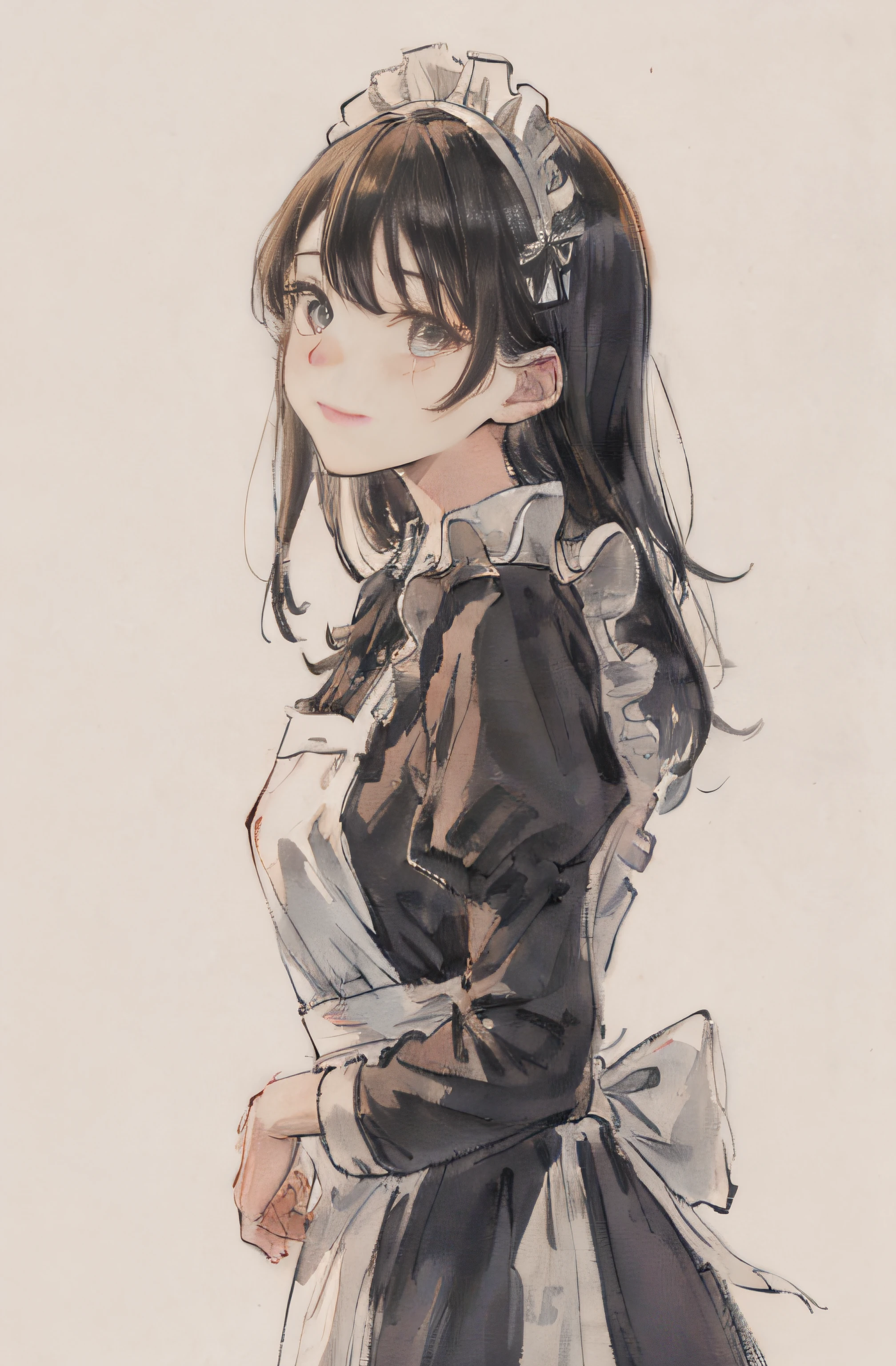 (realisitic:1.4)、(Very complex:1.2)、(Upper body body:1.2)、(from front side:1.3)、1girl in Smile, Long black hair, Maid headdress, Solo, maid apron, Dress, Long sleeves, Looking at Viewer, grey eyes, Bangs, Simple background, Closed mouth, Collared dress, blush, frilled, White apron、1girl in、solo、Super-High Resolution、8K UHD、perfect anatomia、Exquisitely detailed skin、Best Shadows、 Delicate、A high resolution