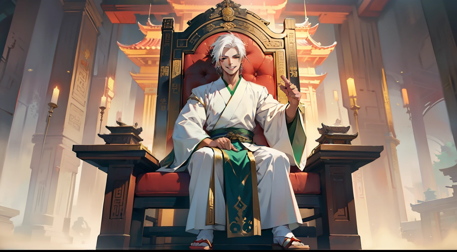 25. (The boy, with (((white hair))), dressed in white Hanfu, sits on the sacred throne, smiling calmly) (Background: A magnificent ancient imperial palace, resplendent with gold and jade).