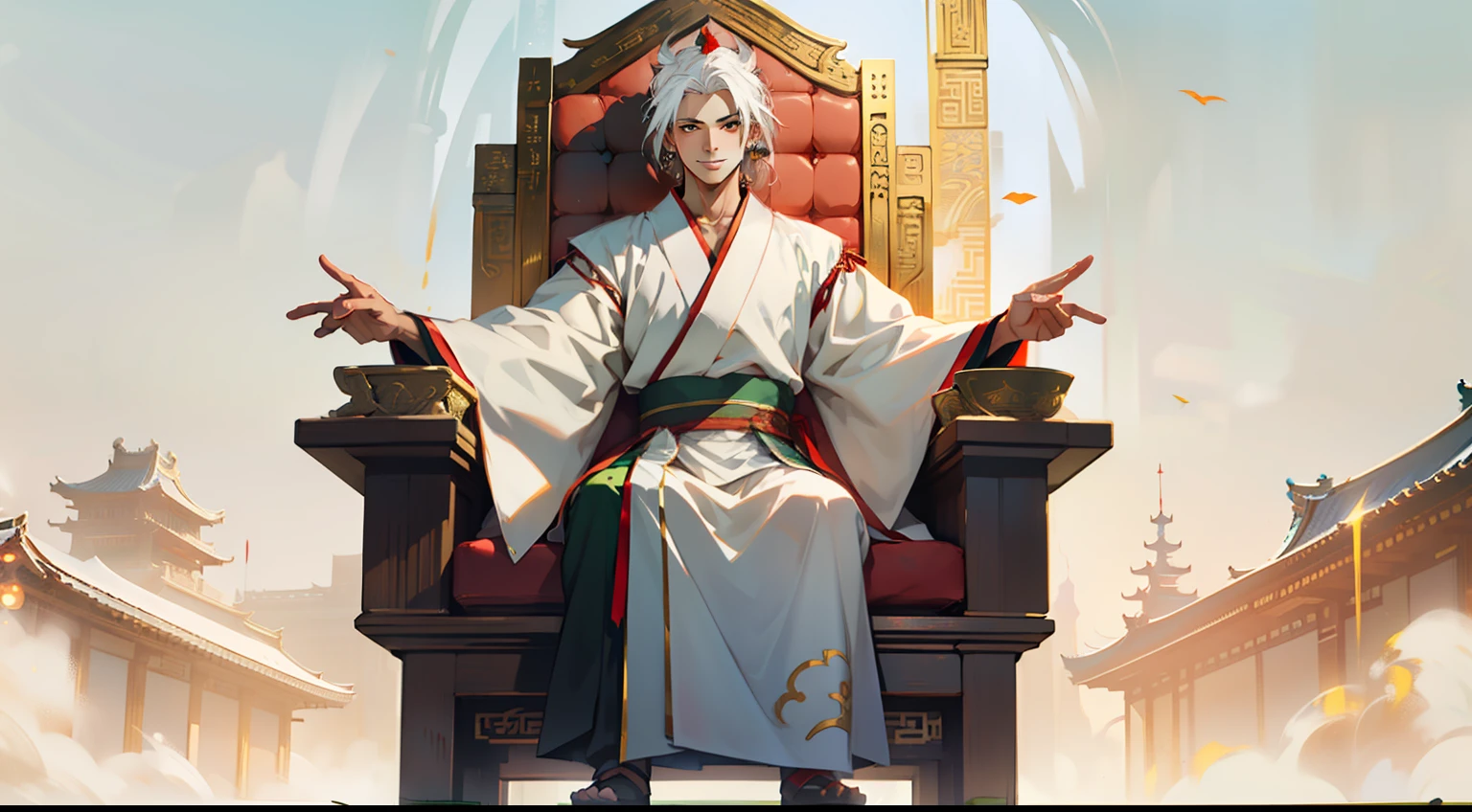 25. (The boy, with (((white hair))), dressed in white Hanfu, sits on the sacred throne, smiling calmly) (Background: A magnificent ancient imperial palace, resplendent with gold and jade).