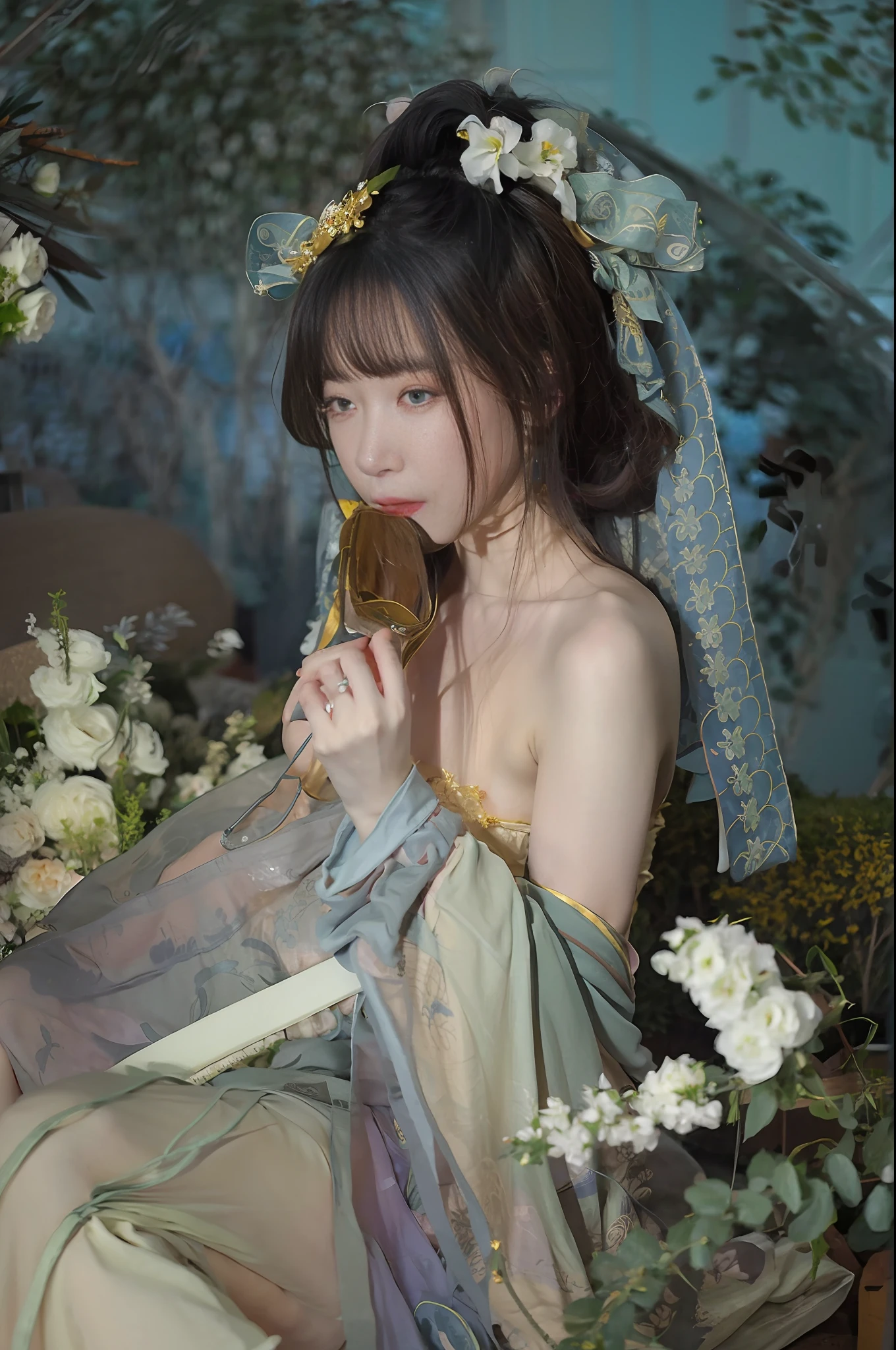 There is a woman in a dress sitting in a flower field, Palace ， A girl in Hanfu, Guviz, Guviz-style artwork, Hanfu, By Leng Mei, Inspired by Lan Ying, White Hanfu, guweiz masterpiece, by Yang J, inspired by Chen Yifei, inspired by Jin Nong