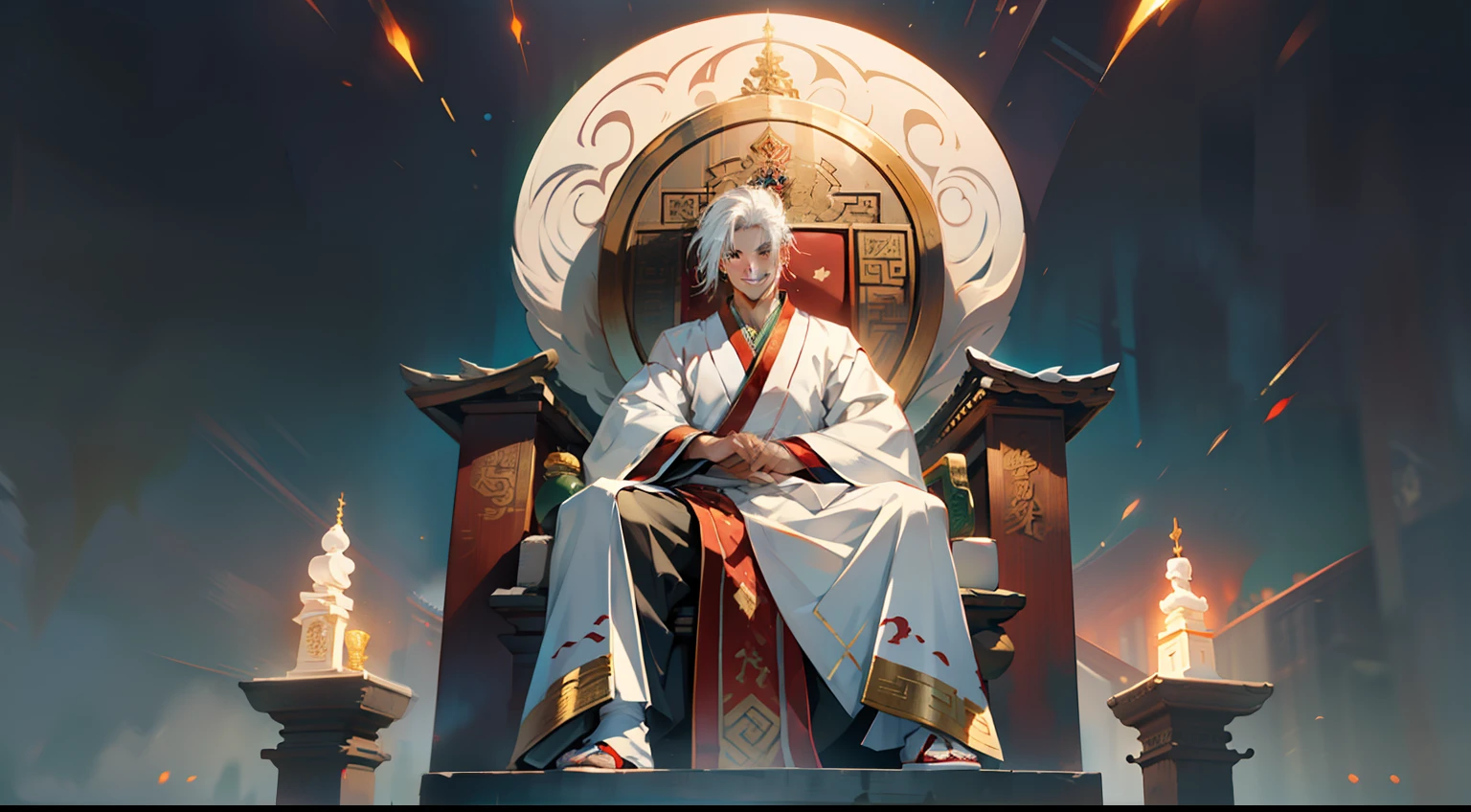 25. (The boy, with (((white hair))), dressed in white Hanfu, sits on the sacred throne, smiling calmly) (Background: A magnificent ancient imperial palace, resplendent with gold and jade).