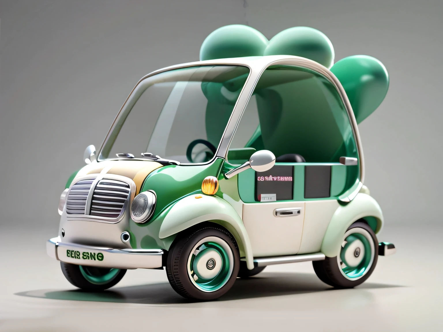A lovely coffee cart,Inspired by:【Wuling Hongguang minicar】and a【Mini Beetle】,Equipped with a professional large coffee machine,Fancy green high detail,32k超高清,Industrial designProduct design,WHITE BACKGROUND,White environment,studiolight,ultra Realistic,high detailed details,Lateral face,Side view