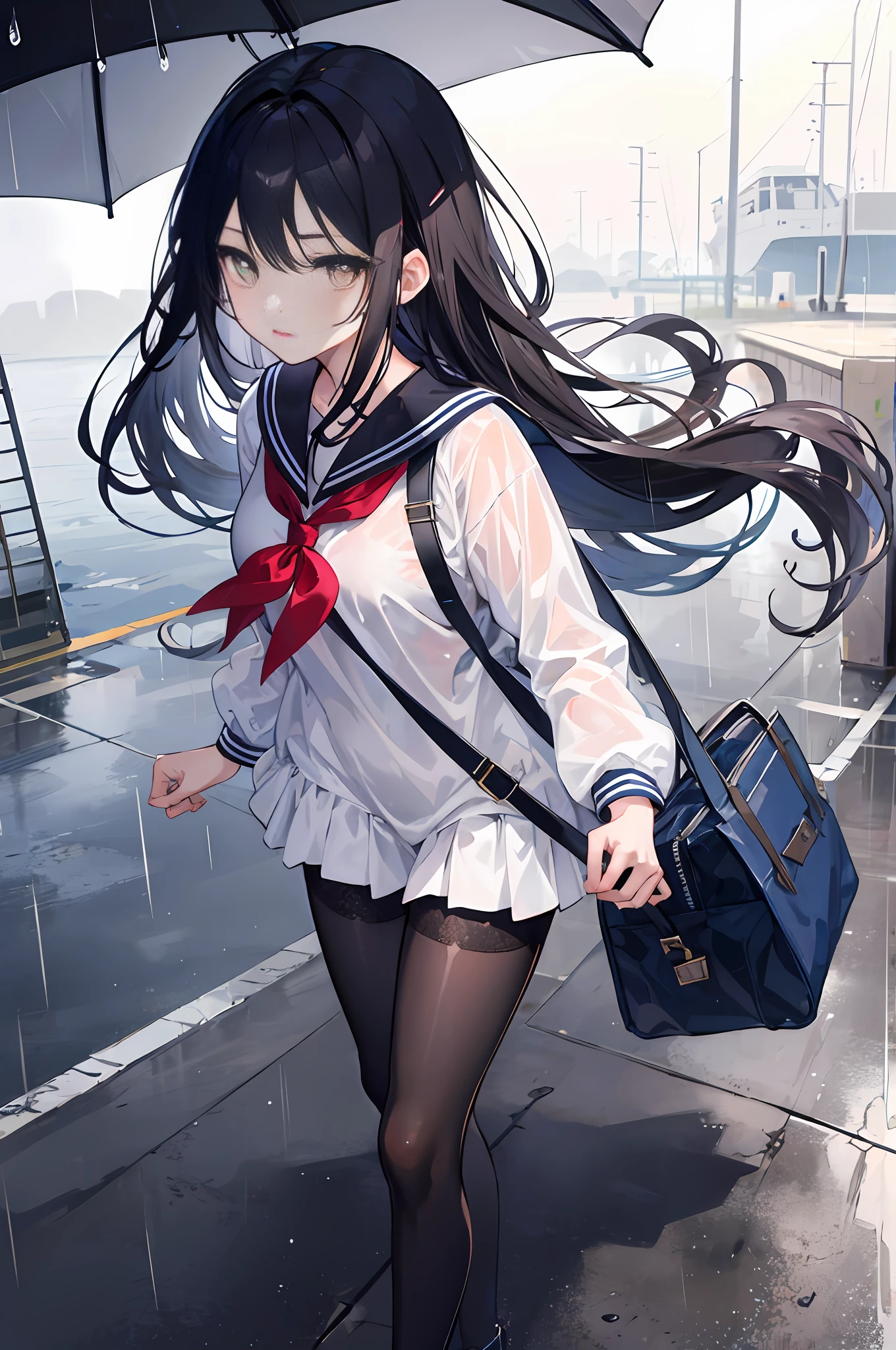 A girl,Long black hair,Burgundy pupils,Carrying a bag in the rain,Sailor suit soaked in rain,Black stockings above the knee,8K delicate face,