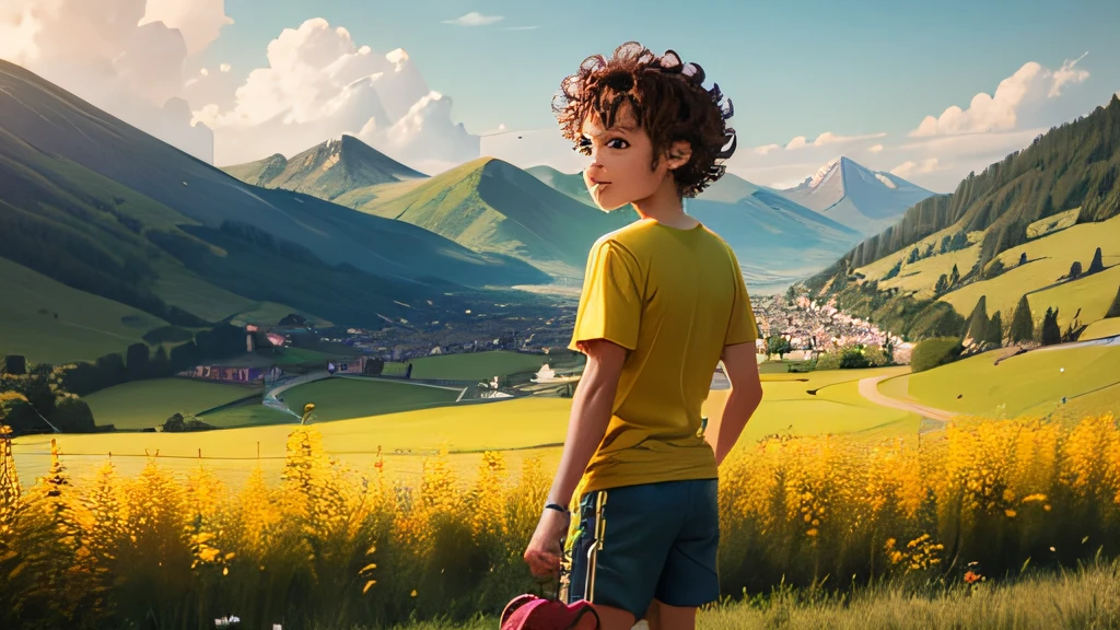 once upon a time there was a cute boy named Pietro Ubaldi, with curly hair and a yellow shirt, blue shorts, orange sneakers, who lived in a small town surrounded by mountains and green fields. He loved exploring nature and learning about the world around him. --auto
