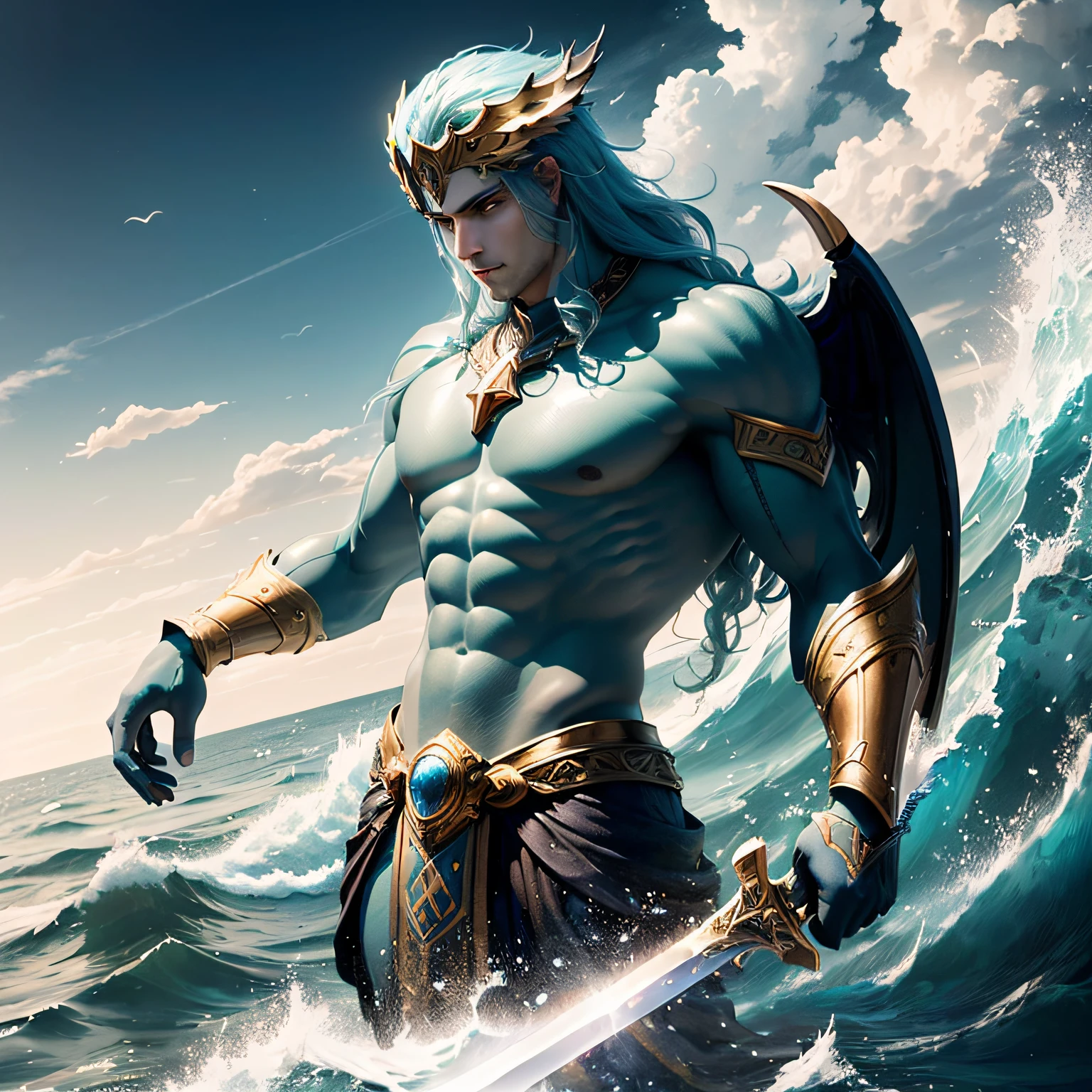 Arafard's image,A man with a sword in the ocean, the god poseidon, the god of the sea, god of the ocean, mystical atlantean valkyrie, 2. 5 D CGI anime fantasy artwork, as an atlantean, Poseidon, the sea and storms behind him, atlantean warrior, Epic fantasy digital art style