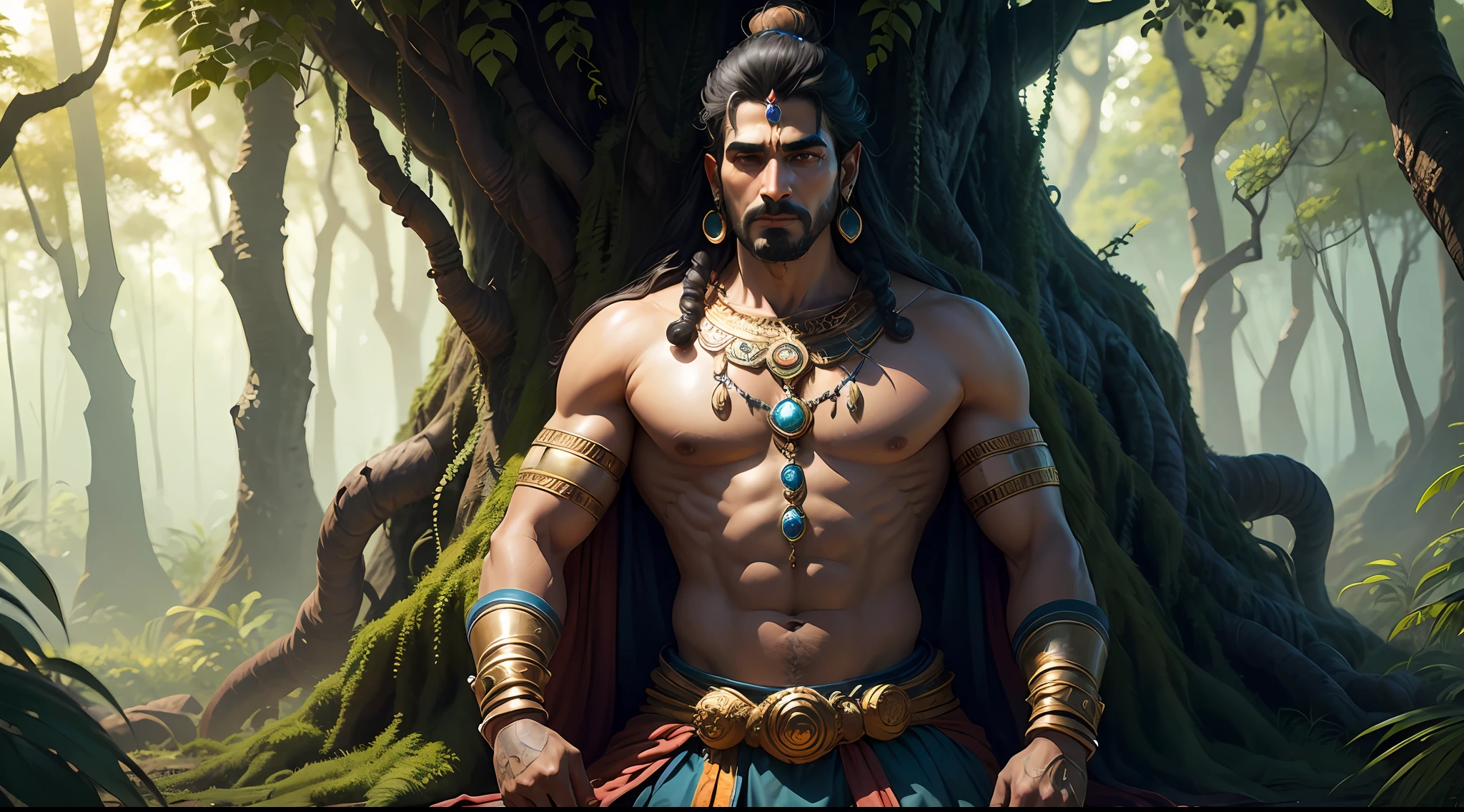 Shiva the indian god , 8k ultra realistic ,a king in the jungle with his army , king in the forest with many peoples , many army in the jungle , king and his army something searching in jungle