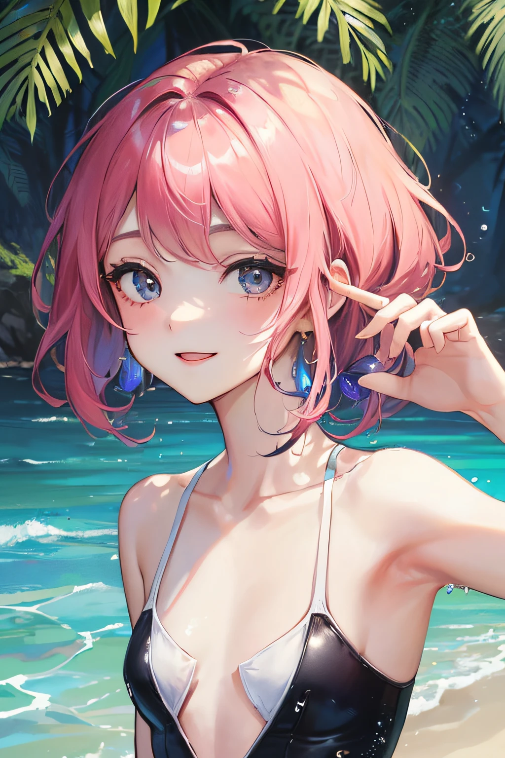 (Master masterpiece、top-quality、top-quality、Official art、Beautiful and aesthetic:1.2),Girl in a swimsuit, Summer, Water droplets,细致背景、Nature、Arm up、Smiles、cute little、Mysterious、mysterious background、chee、Shy face、small tits、A slender、