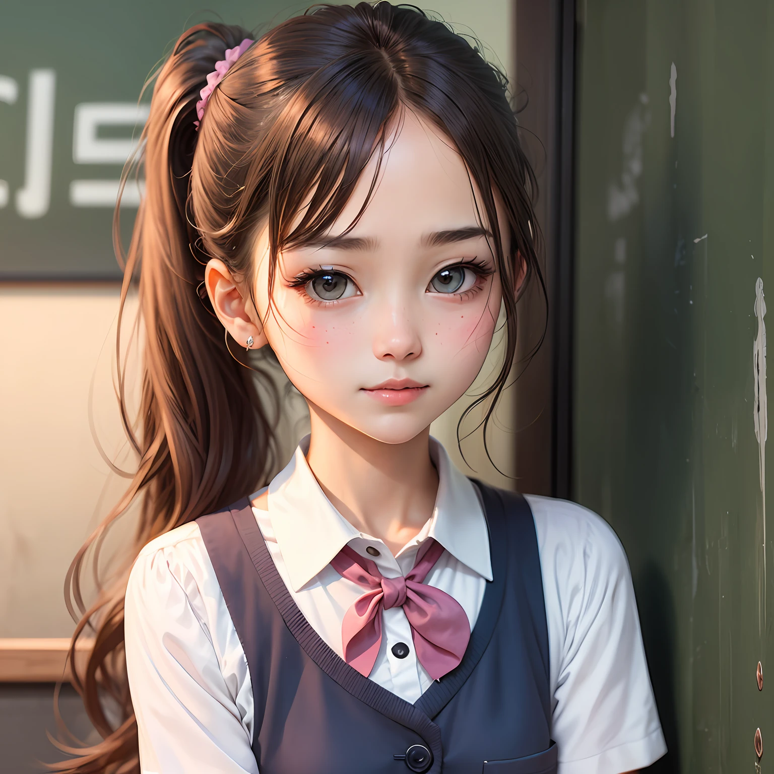 Girl School Uniform Cute Round Face Acne Mark Ponytail Blushing Best Quality --auto