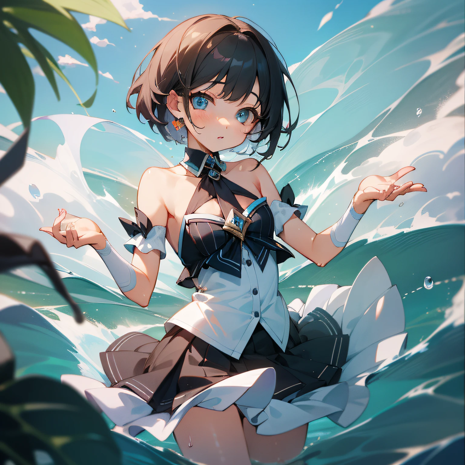masterpiece, best quality, ultra-detailed, kawaii, cute, lovely, ero, extremely detailed, 4K, 8K, best quality, beautiful, ocean, a cute girl, 1girl, solo, skirt00, beautiful eyes, short hair, flat breast, tiny breast, wetted by water