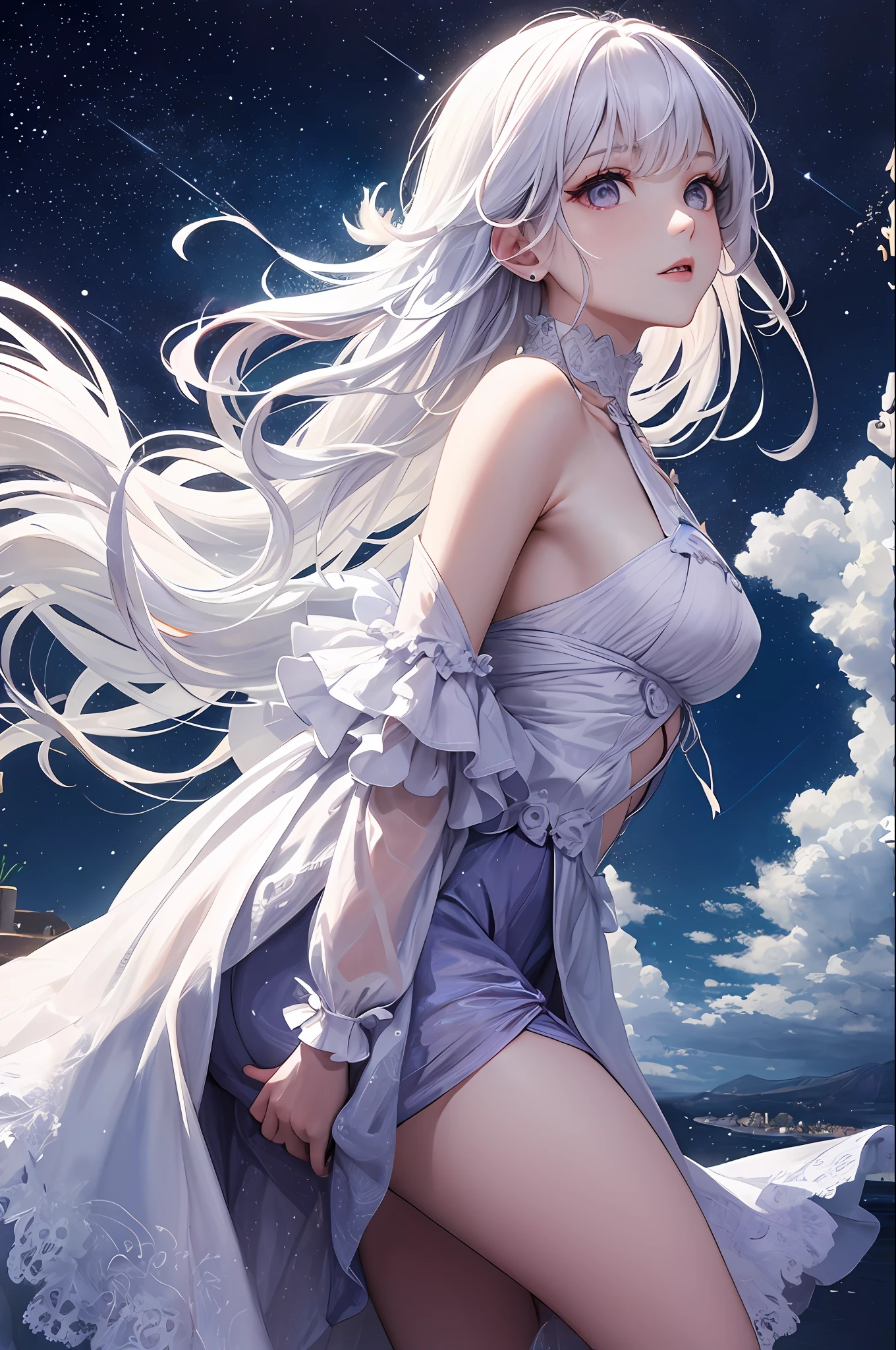 (tmasterpiece,top-quality,best qualityer,aquarelle(Curly),offcial art,Beauty and aesthetics:1.2),(1girl:1.3),(s fractal art:1.3),full bodyesbian,seen from the side,looking at viewert,patterned,(white color hair,Eau,liquids,clouds,colorful,Starry,As estrelas,Purple eyes,white colors,jk)