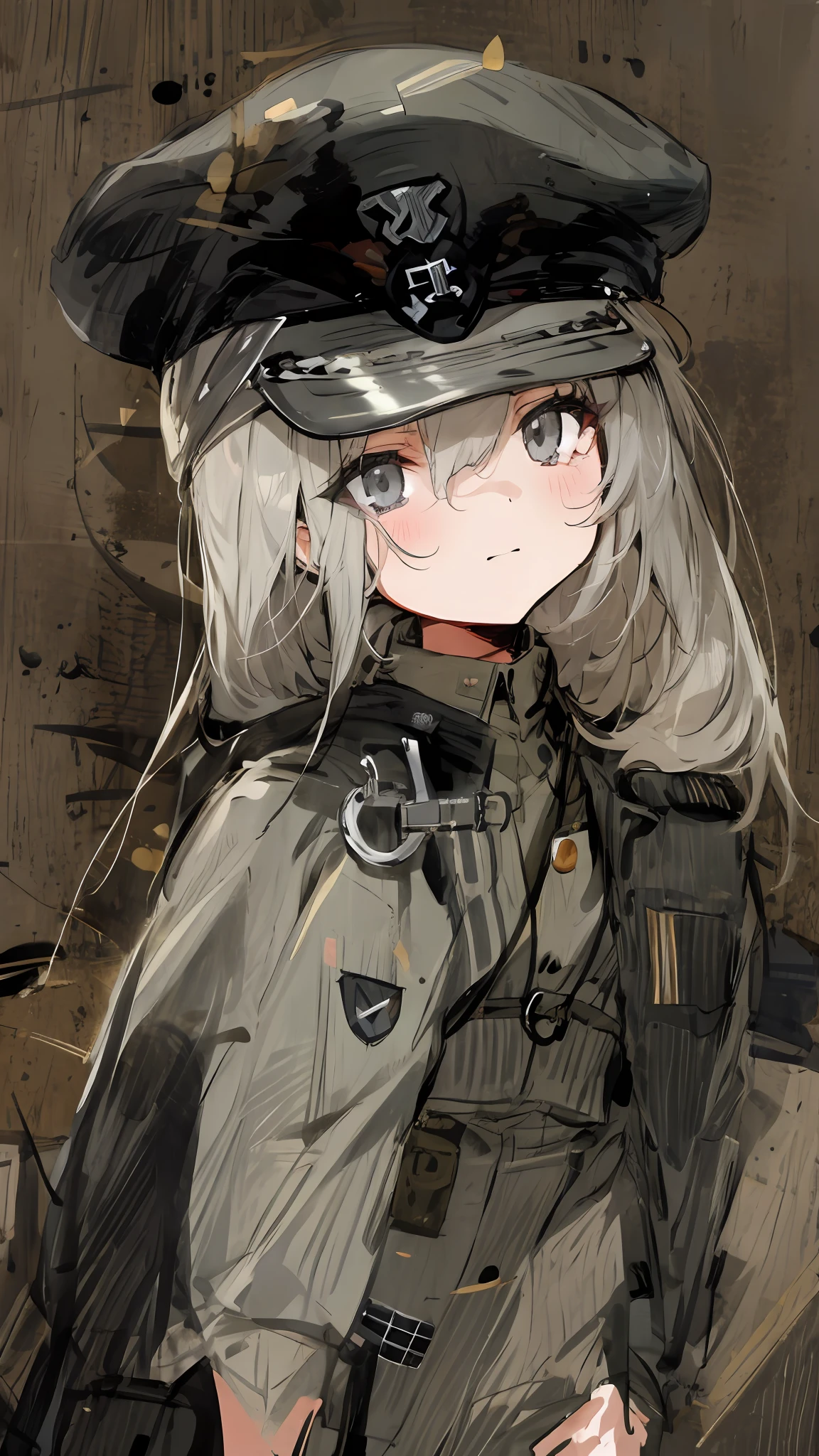Light gray hair，dark gray eyes，handcuff，Petite girl，The face is solemn，Military caps and uniforms，Fascist Nazis，The right eye is blocked by hair