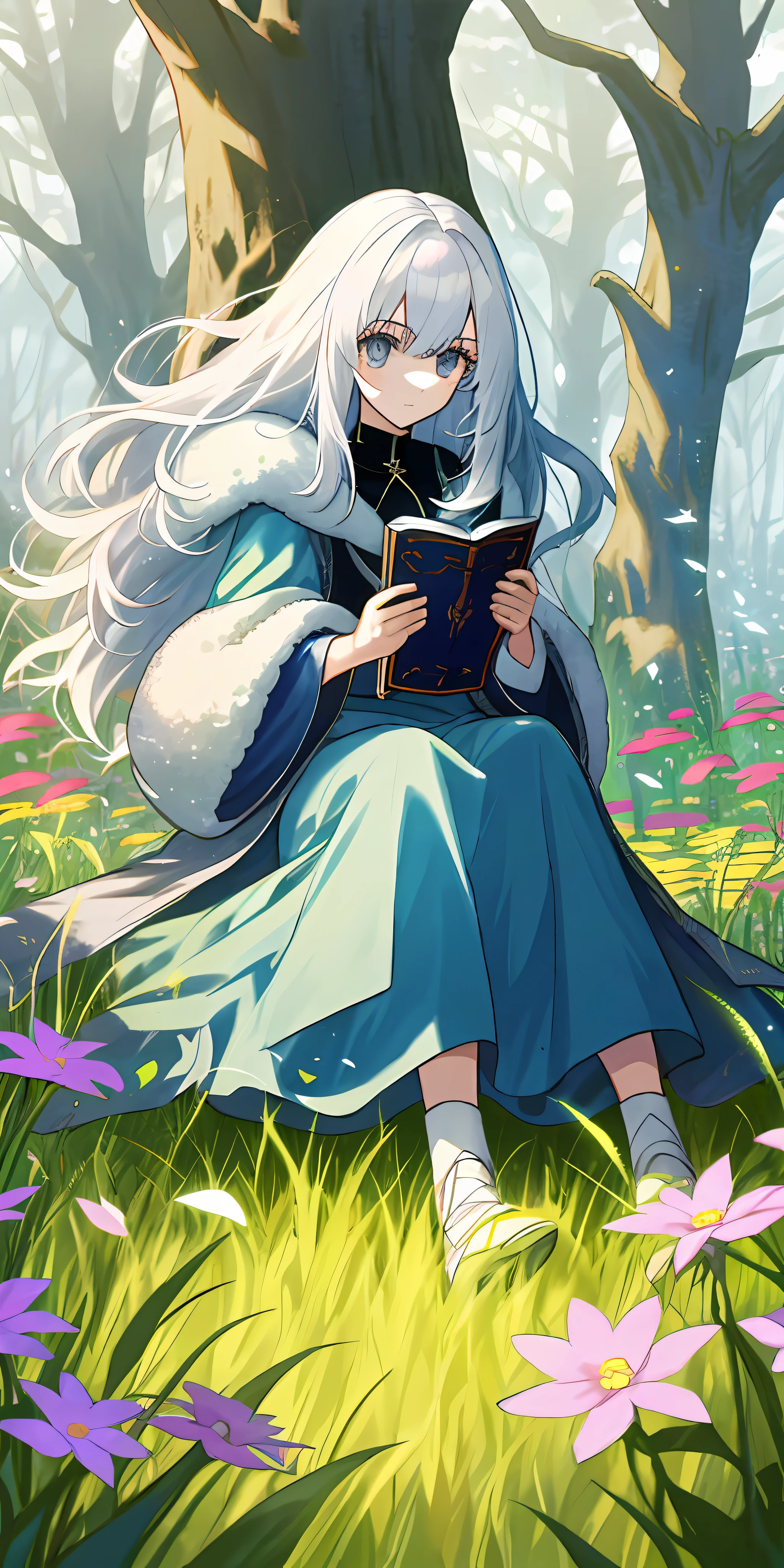 (tmasterpiece,best qualtiy),1 girl with white hair and fluffy hair sitting in a field of flowers lined with trees,Holding a magic book in his hand,long whitr hair,adolable