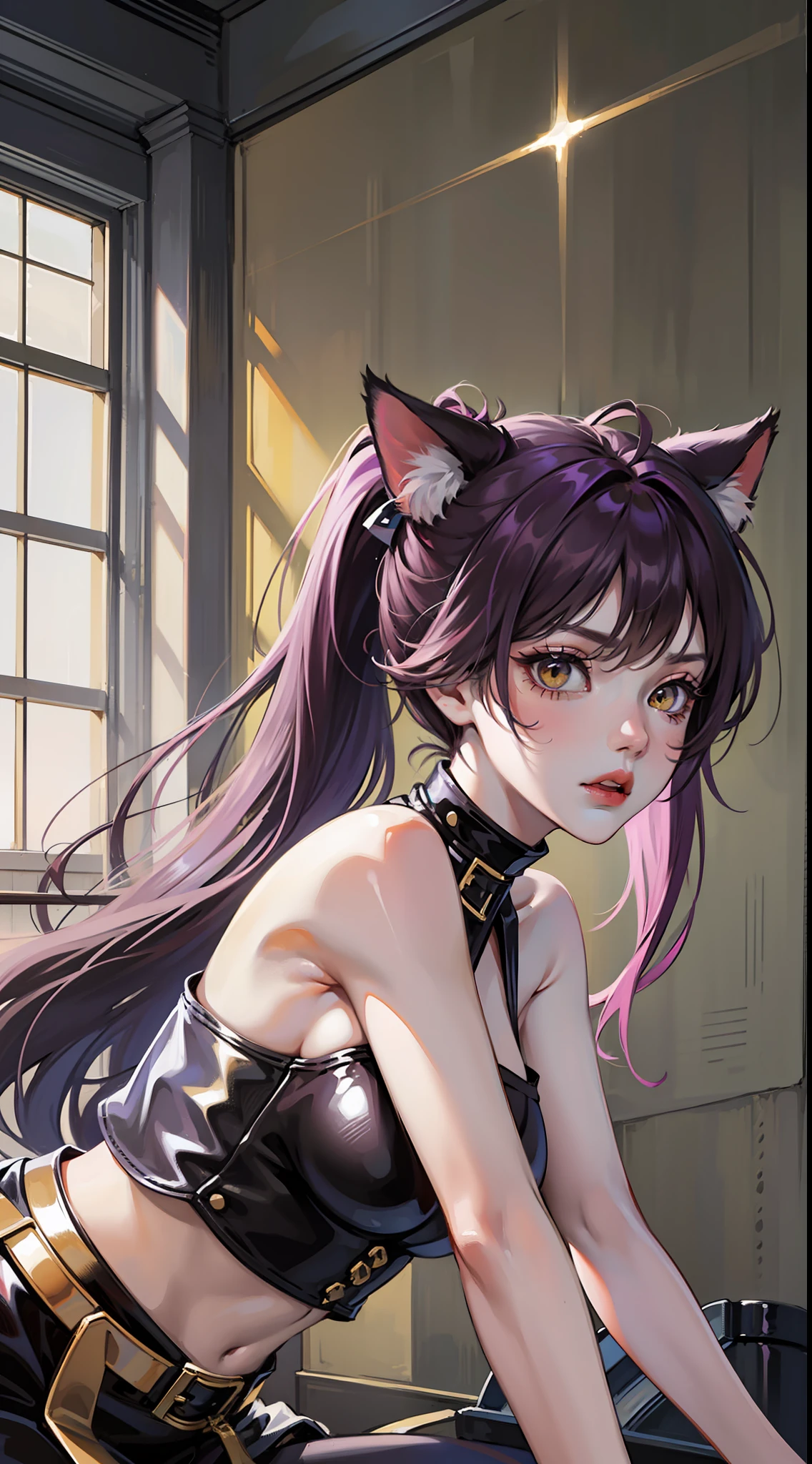 Adult woman, dark purple hair, low ponytail, golden eyes, cat ears, Killer form, Sleeveless, anger, Masterpiece, hiquality
