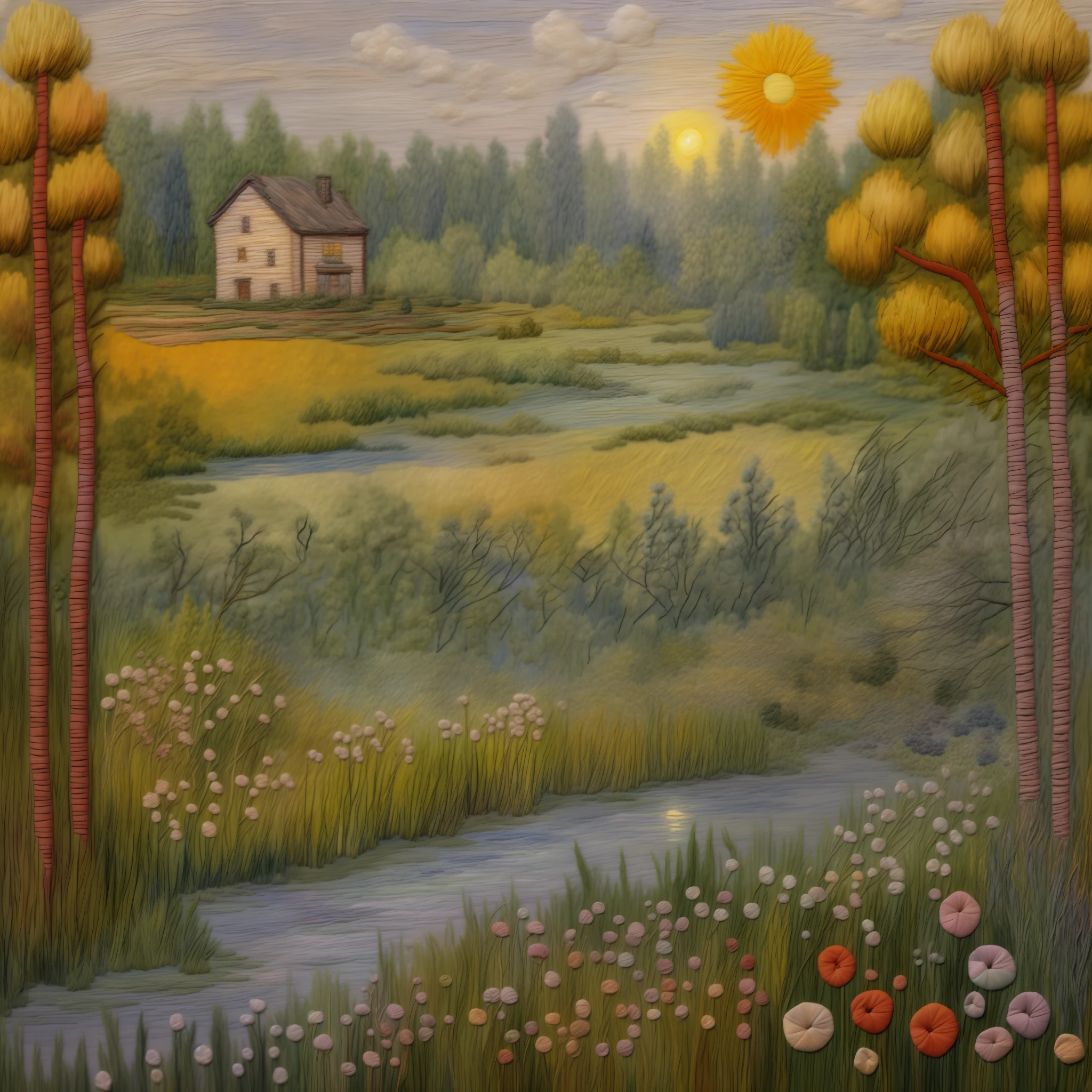 Workshop seams, Beautiful landscape painting, A unique image, Claude Monet, sewn trifles, Soft mist, wooded area, brick, Gentle character, Warm sun, Fallen leaves on the ground, blue skies, Sun light:1.2