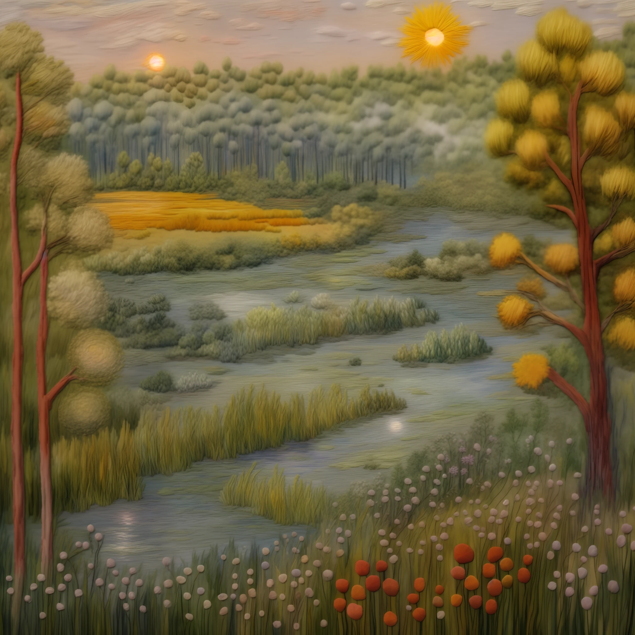 Workshop seams, Beautiful landscape painting, A unique image, Claude Monet, sewn trifles, Soft mist, wooded area, brick, Gentle character, Warm sun, Fallen leaves on the ground, blue skies, Sun light:1.2