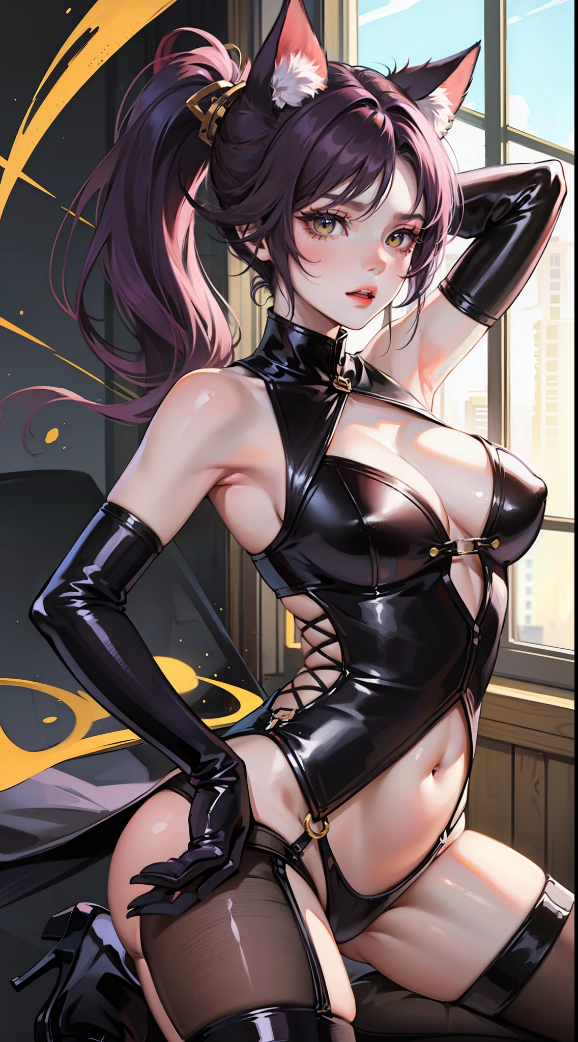 Adult woman, dark purple hair, low ponytail, golden eyes, cat ears, Killer form, Sleeveless, anger, Masterpiece, hiquality