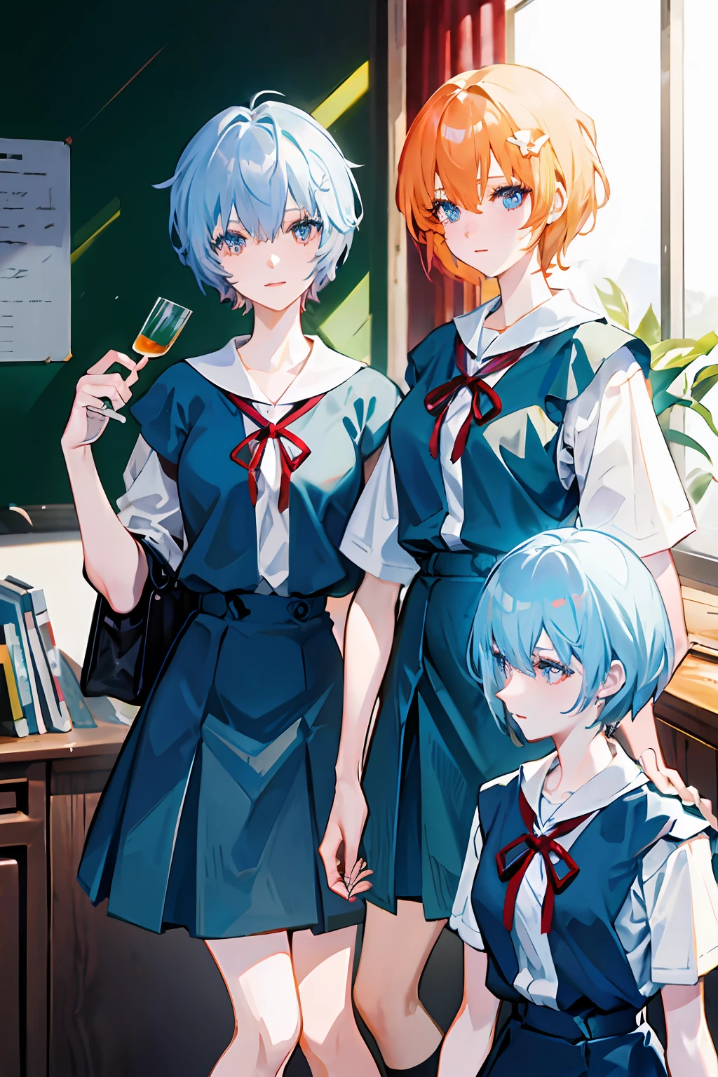 blue short hair，Orange blue eyes，schoolgirls