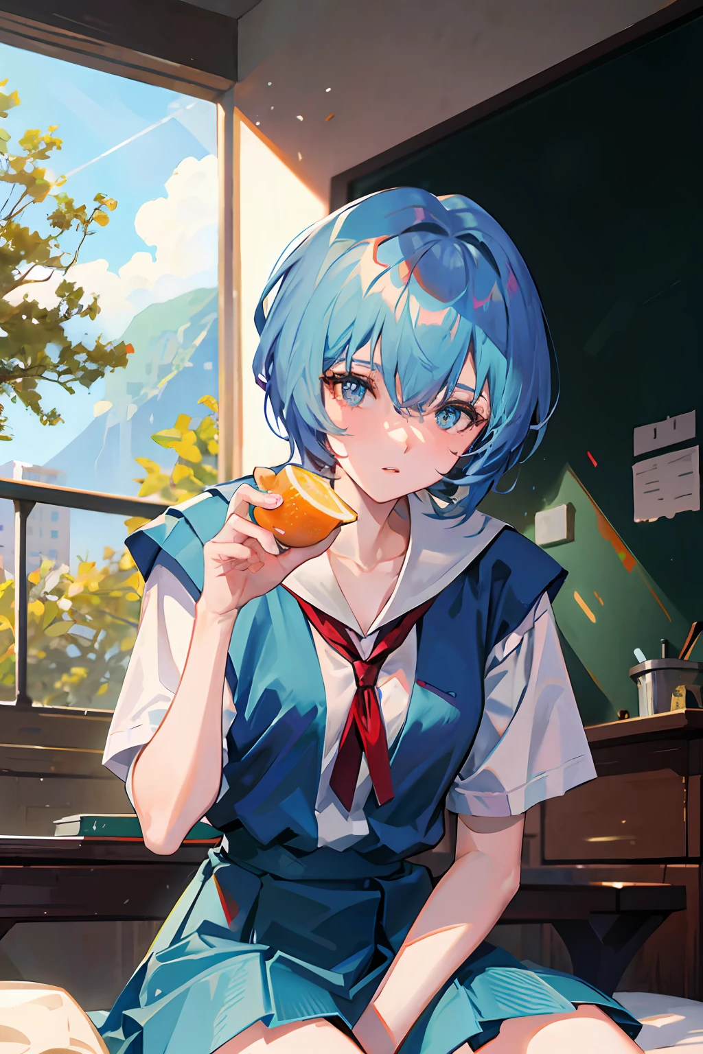 blue short hair，Orange blue eyes，schoolgirls