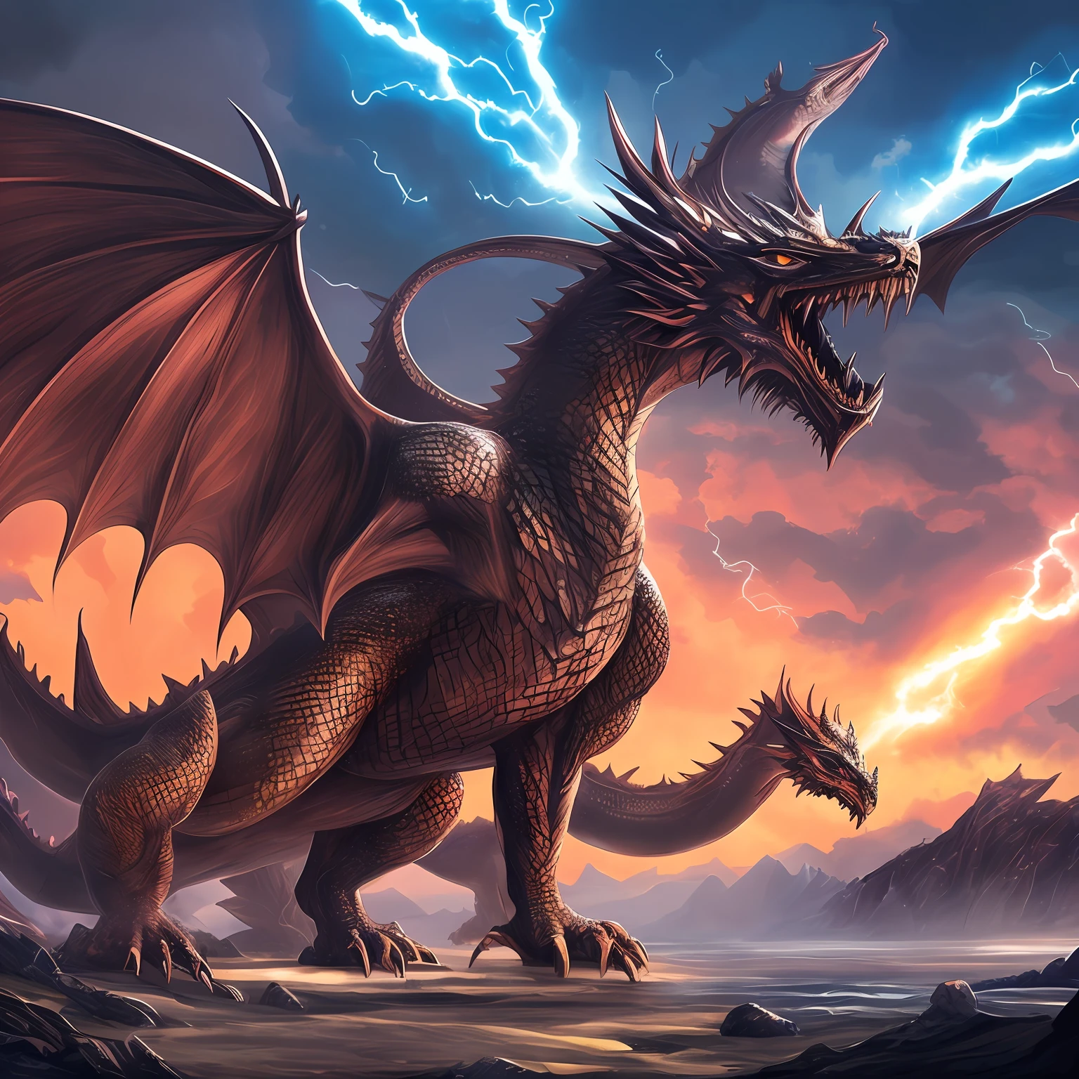 Popular anime art on Pixiv: Characters with dragons carrying swords and lightning,The background is fantasy art based on Yang Jie's concept，The huge dragon from the original god "Keqing" shape and the "lightning dragon" attack and defend，It has the feel of an anime epic, Extremely detailed artistic expression of digital animation. --auto