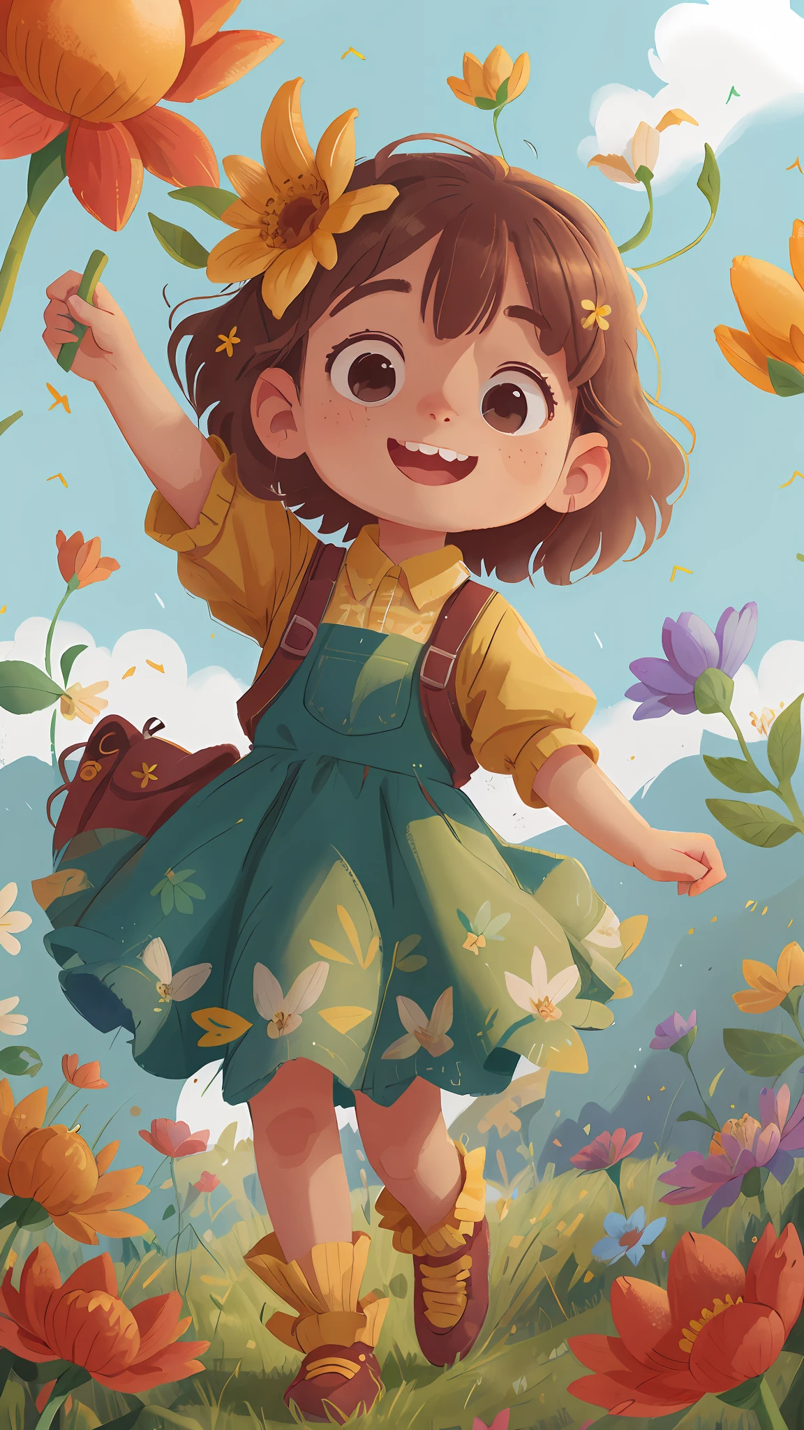 A girl holding flowers, colorful balloons floating in the sky, meadow, dancing, holding flowers, happy, happy, perfect quality, clear focus (clutter-home: 0.8), (masterpiece: 1.2) (Realistic: 1.2) (Bokeh) (Best quality) (Detailed skin: 1.3) (Intricate details) (8K) (Detail Eyes) (Sharp Focus), (Happy)