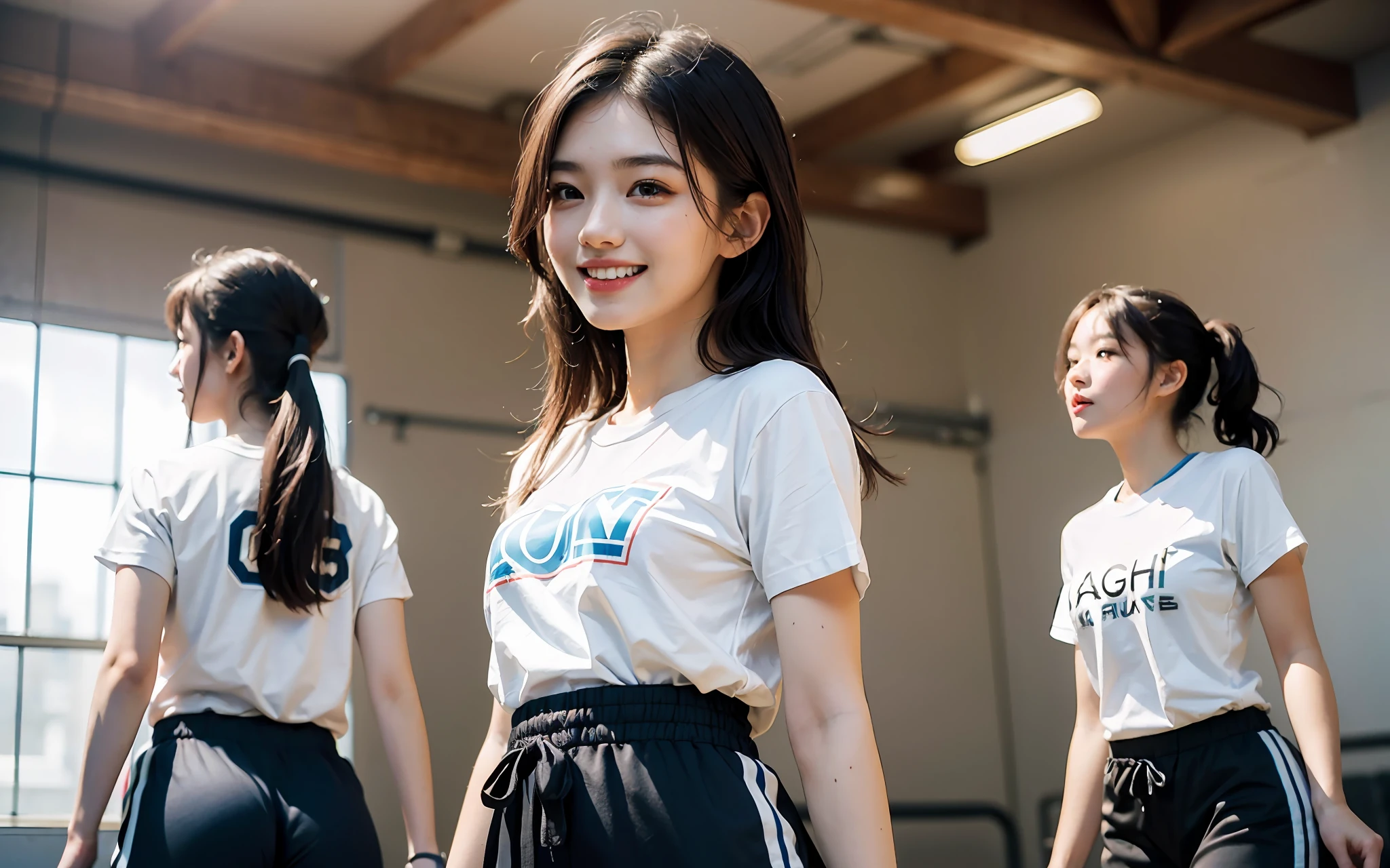 ((​masterpiece))), (((top-quality))), ((ultra-detailliert)), (A hyper-realistic), (High Definition CG Illustration), Cinematic Light, Photorealsitic,Very beautiful 16 years old、((Multiple girls))、((Composition seen from a distance))、((Good anatomy:1.2))、((White Round Neck T-Shirt、Dark Blue Jersey Long Pants、sneakers:1.2))、inside the house、((High school girl playing basketball game in gymnasium:1.2))、((Bursting smile))、((dark brown hair、random hairstyle))、A detailed eye、A detailed face、Beautiful skins、tthin eyebrows、Detailed fabric texture、(Bright gymnasium、Multiple students、Random Face、blur backgroun)、Soft light、basketball、Don't expose it、Hair that flutters in the wind