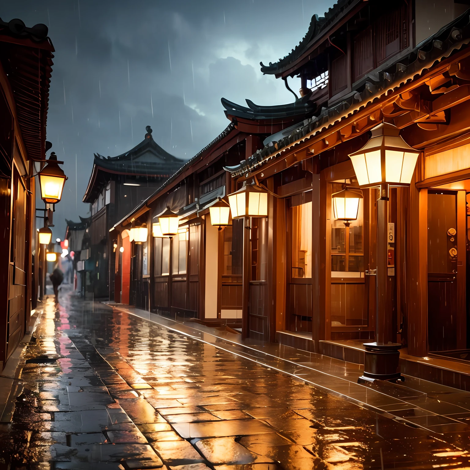 arafed view of a village with a lot of lights on the buildings, dreamy chinese town, chinese village, amazing wallpaper, japanese town, japanese village, hyper realistic photo of a town, old asian village, japanese city, by Raymond Han, rainy evening, cyberpunk chinese ancient castle, beautifully lit buildings, at evening during rain, beautiful and aesthetic, photography, cinematic, 8k, high detailed ((Heavy rain))) --auto