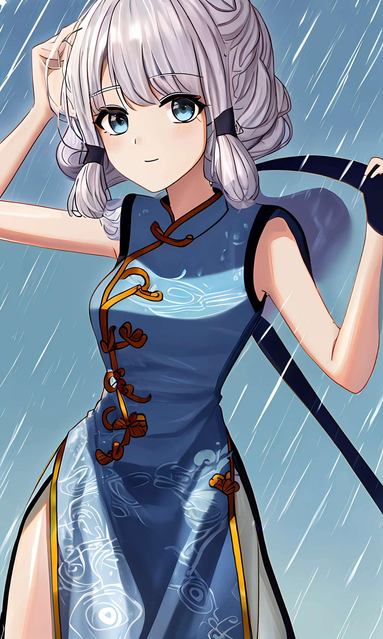 cabelos preto e longos,Blue cheongsam,under rain,Get wet