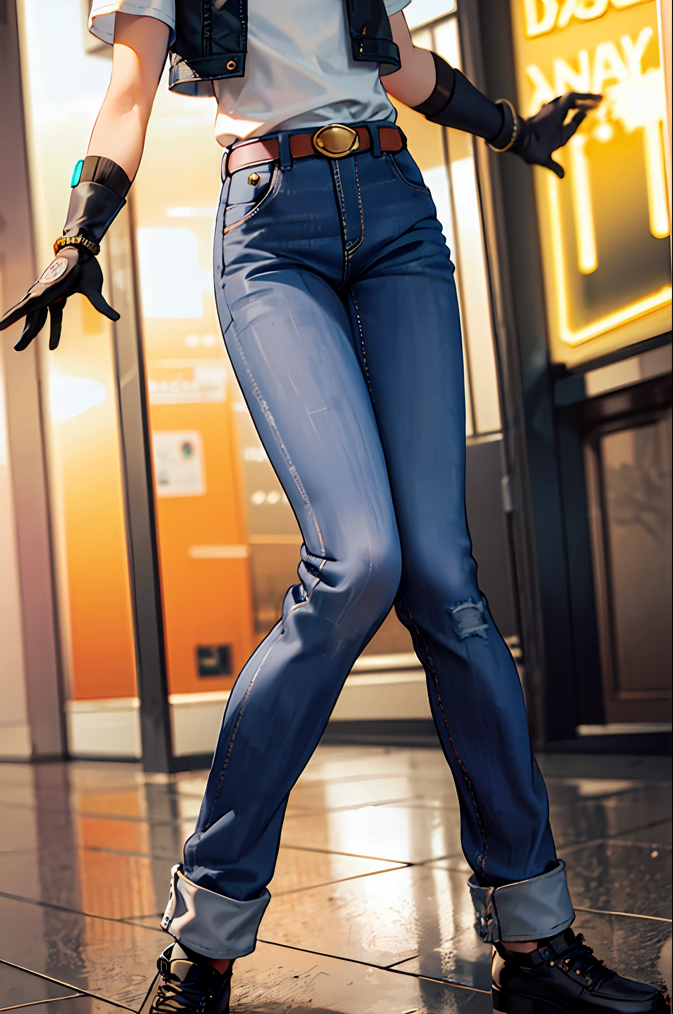 masterpiece, best quality, ultra-detailed, absurd, Portrait of cute Android18DB, solo, earrings, jewelry, jeans, smile, belt, vest, pants, gloves, necklace, jeans, cyberpunk street bustling with neon signs, volumetric lighting, best quality, masterpiece, intricate details, tonemapping, sharp focus, hyper detailed, trend in Artstation,