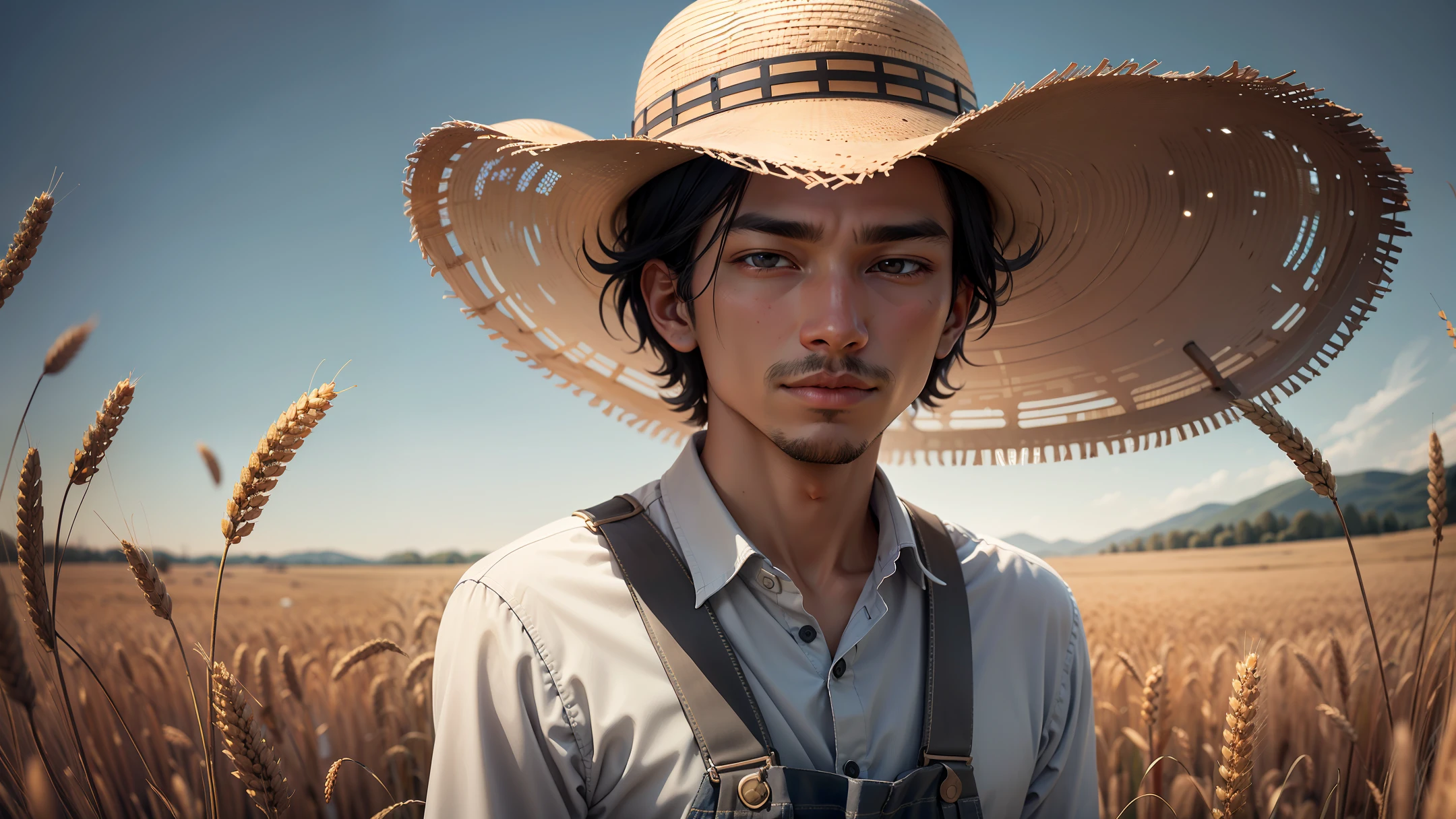 Intricate black pipes cover the sky，From time to time, dazzling spots of light appear in the pipes to illuminate the wheat fields，Man in the wheat field wears a straw hat，Wear a white shirt and western denim suspenders，The skin is wheat-colored，Vista fisheye lens