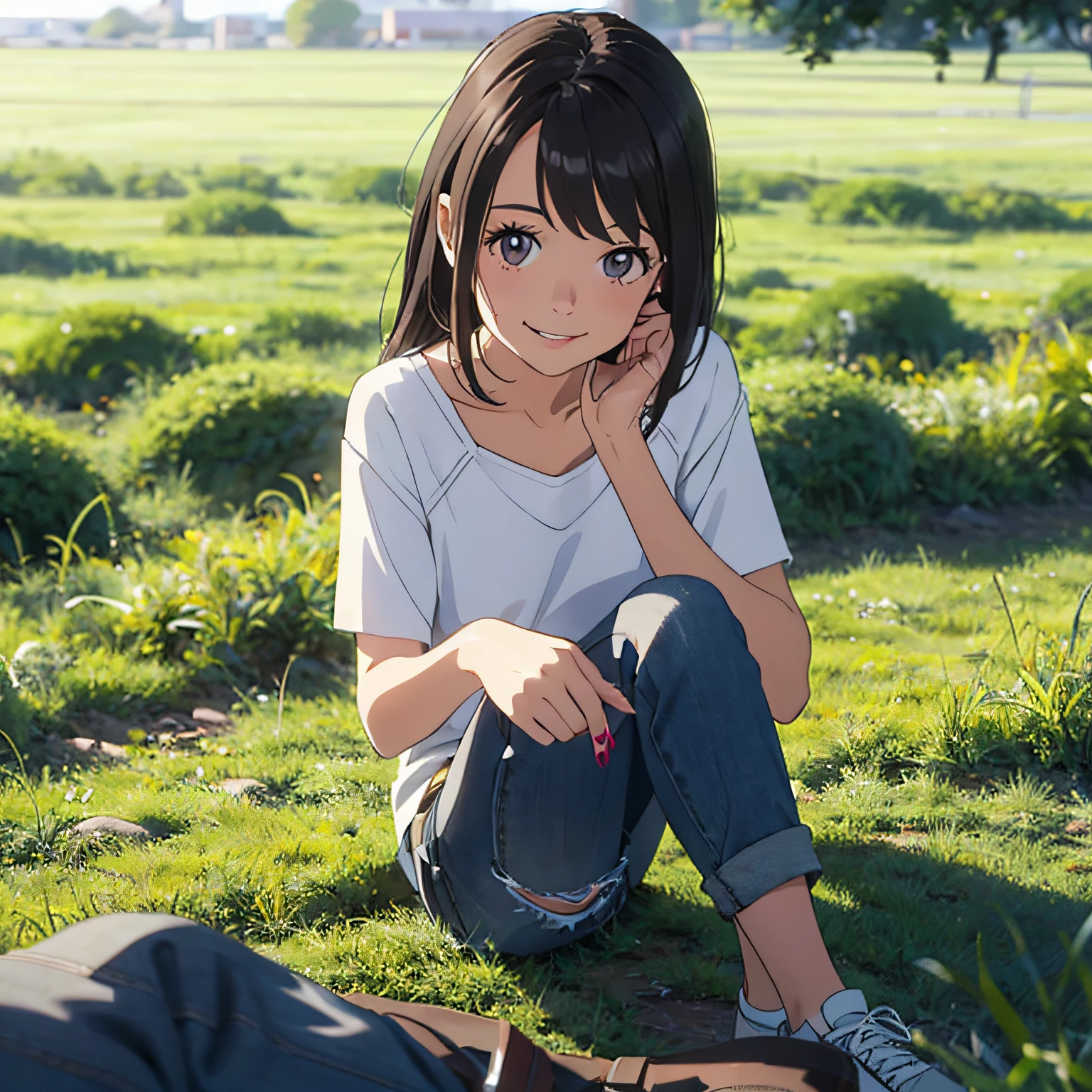 White top，Extra-short jeans，Playful and cute，girlfriend，Than heart，With a smile，facing at camera，grassy fields --auto
