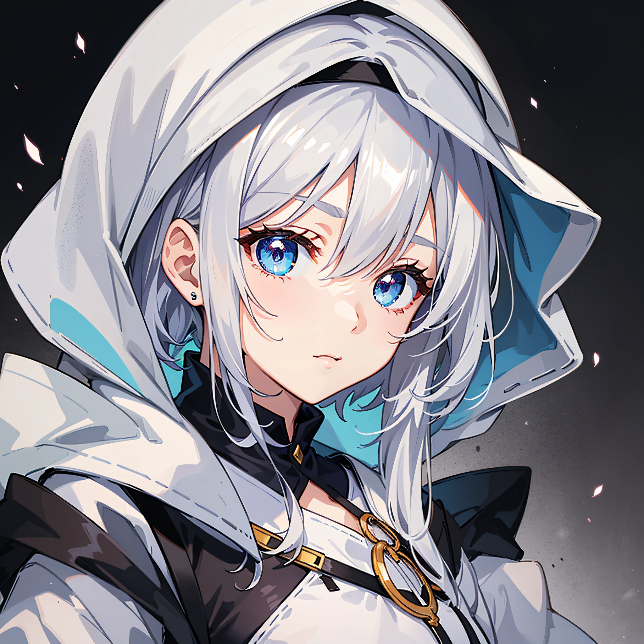 Anime characters with white hair and blue eyes, anime visual of a cute girl, Anime moe art style,Girl with short white hair, Shoujo white hair young anime girl, official character art,White hooded cape,White robe,teens girl,Gray hair sky blue gradient,red hairband,Heterochromic pupils,tilts your head,face expressionless,underage,flatchest,apathy,Short ponytail hair