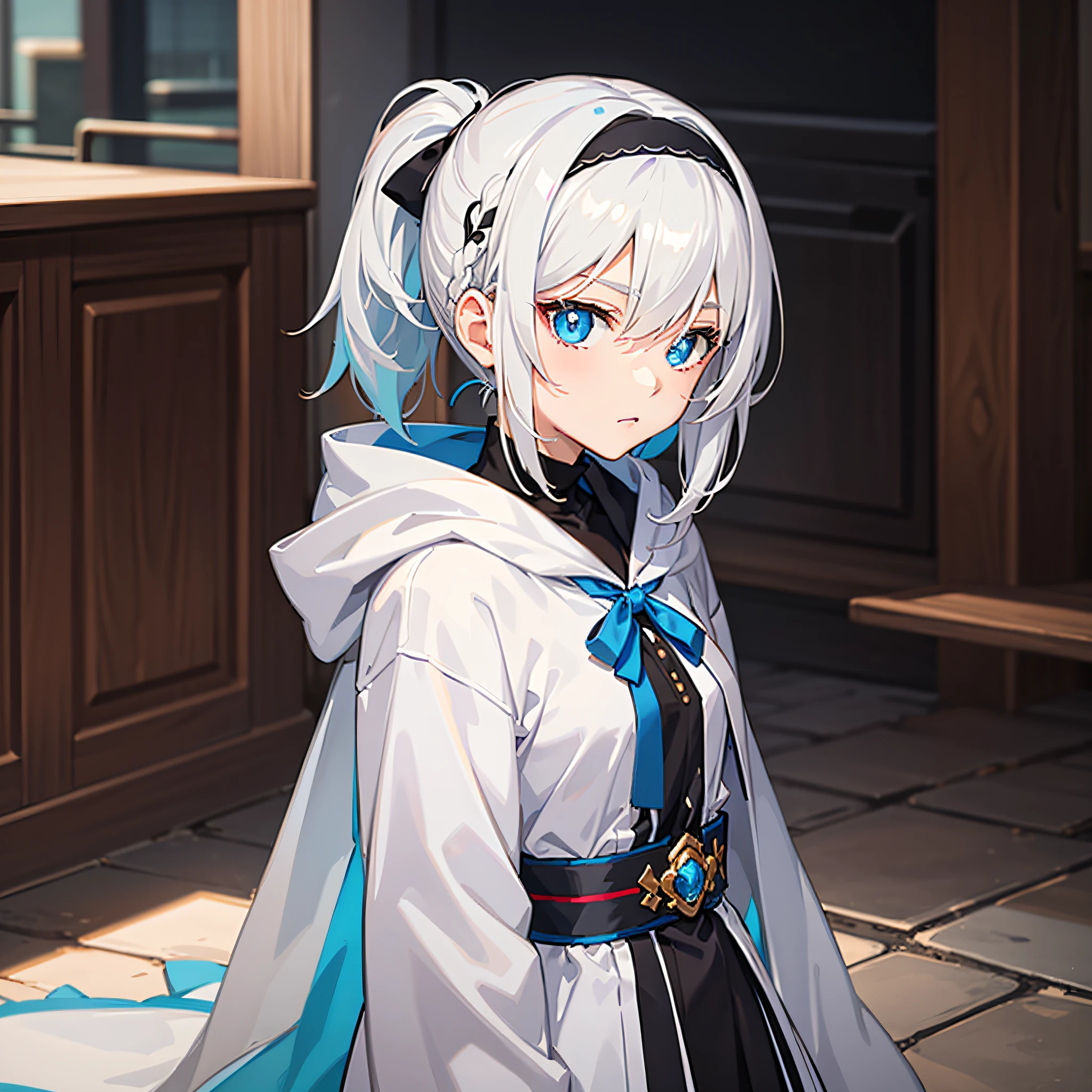 Anime characters with white hair and blue eyes, anime visual of a cute girl, Anime moe art style,Girl with short white hair, Shoujo white hair young anime girl, official character art,White hooded cape，White robe，teens girl，Gray hair sky blue gradient，red hairband，Heterochromic pupils，tilts your head，face expressionless,underage，flatchest，apathy，Short ponytail hair