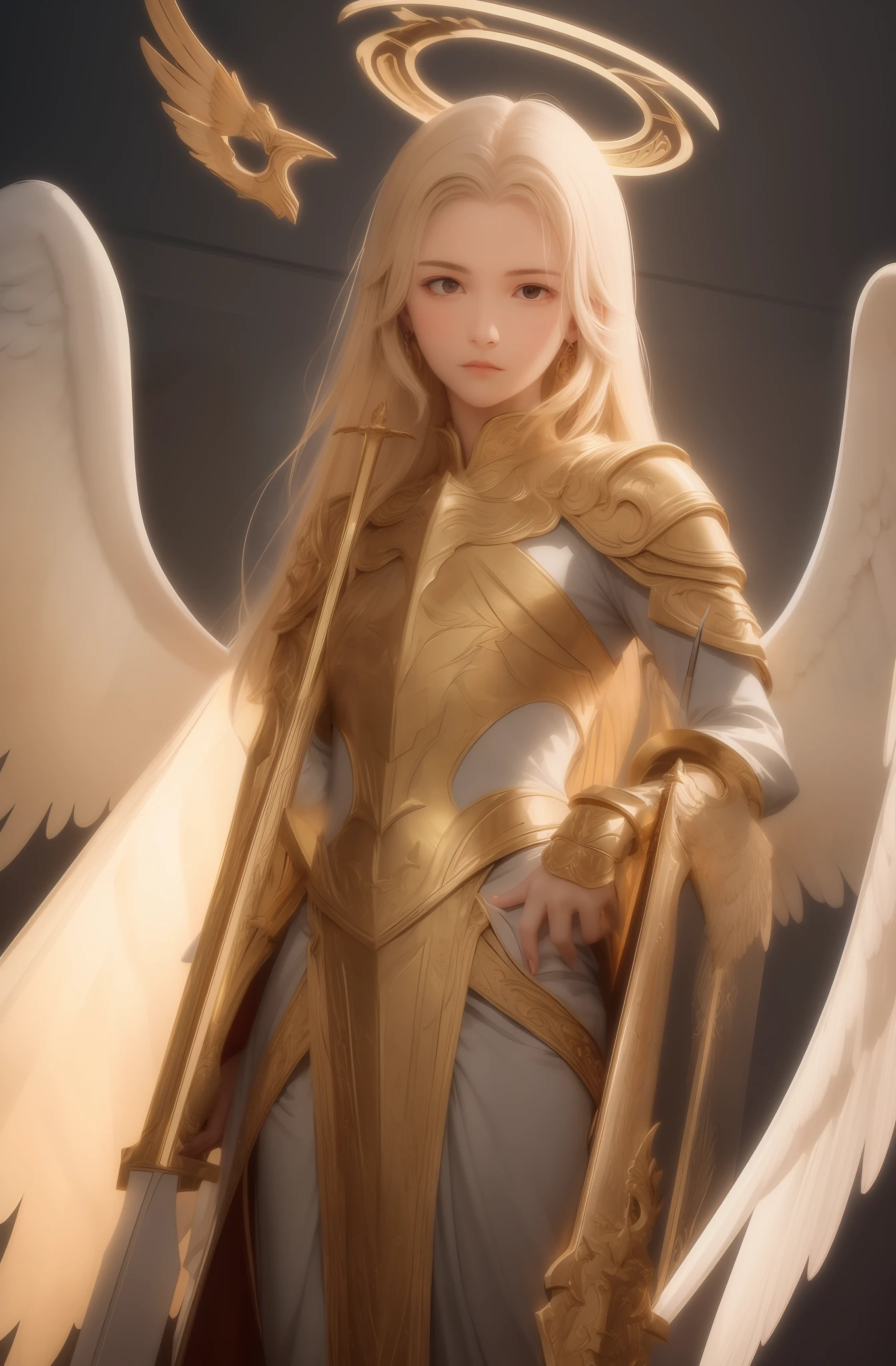 angelicales,golden colored,Majesty,There is sunlight shining sideways,Armed with a sword,femele,head looking up