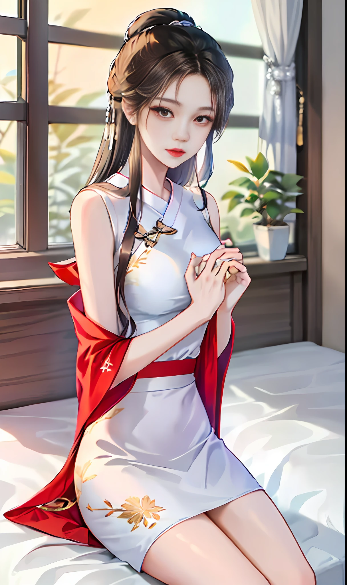 Hanfu girls，Leaning against the window，sit on a bed，Do not show your hands