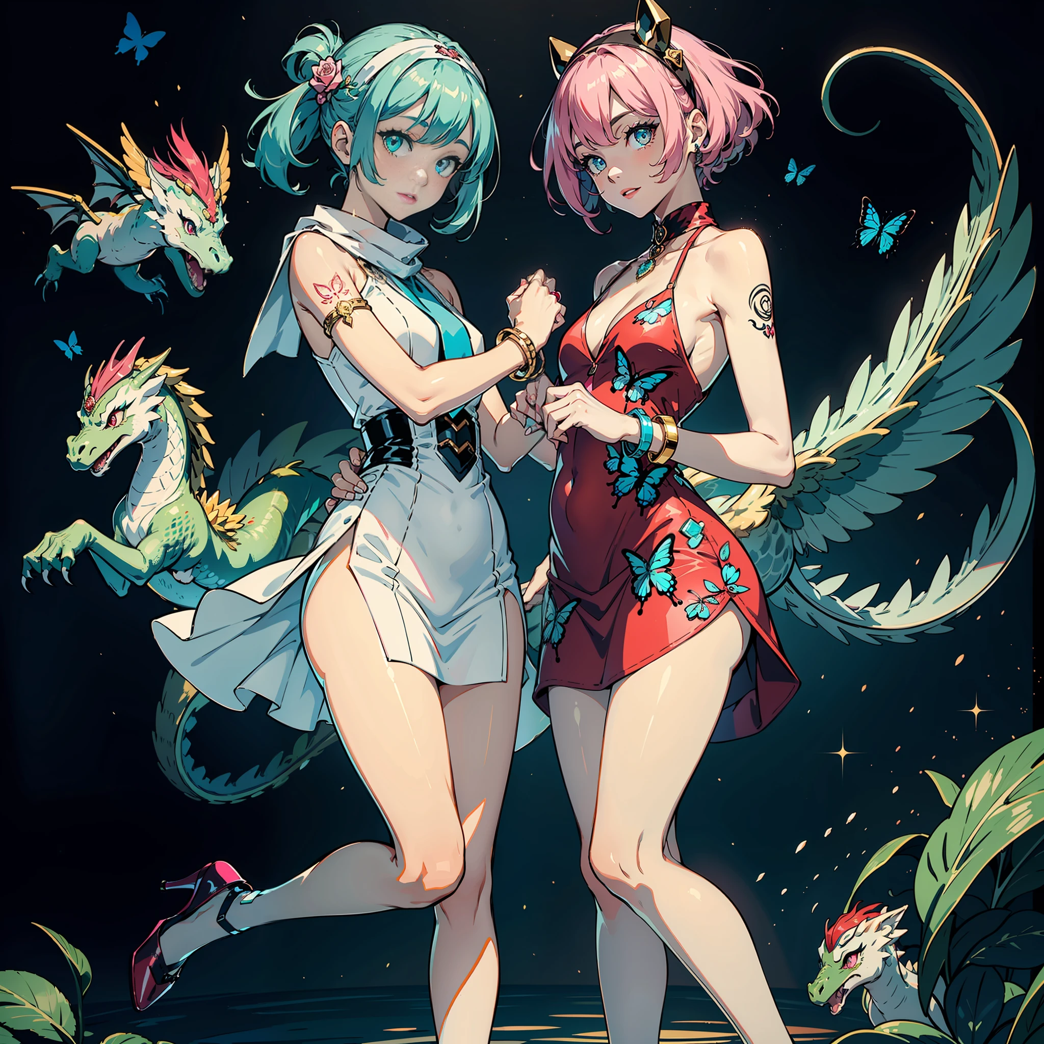 The figure is the golden ratio,The face is also the golden ratio,Cyan pupils,Big eyes of the water spirit,There is a pink star in the right eye,Pale pink lips,Delicate and cute nose,Pink Long Hair,Wears a white headband,The hairband has a small red dragon horn at each end,He wore a white scarf with NASA printed on it around his neck,D-cups,Wearing a long white mink down dress,Both arms are white and slender,Soft muscle lines,On the left wrist he carries Bulgari's emerald quartz watch,On his right wrist he wears a light blue bracelet with 02 printed on it,The smile is bright and moving,Slender and skinny fingers,On the ring finger of the left hand, he wears a diamond ring with a glimmer of blue light,Two fair and slender legs,A small rose is tattooed on the inside of the left leg,The legs are worn with white stockings printed with butterflies,He wears light blue high heels with baby dinosaurs on his feet,Stand under the clear starry sky,