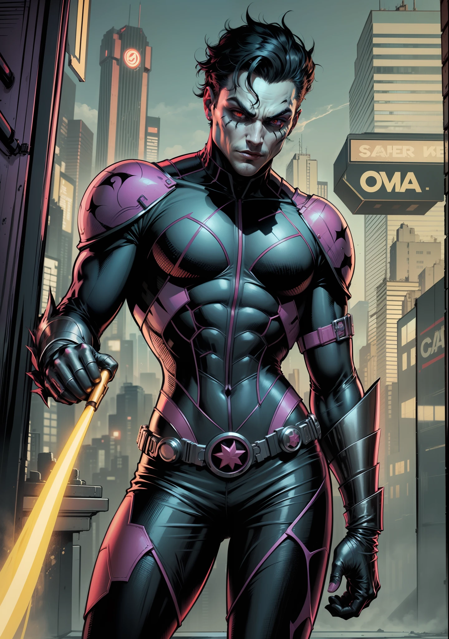 um homem, cyberpunk, cabelo preto,cara palida, terno vermelho,black pant,sapato social,olhos e pupilas pretas,chapeu vermelho, uma lado da sua boca esta completamente rasgado mostrando sua gengiva assustadora, Super Villain,inspirado no coringa,corpo inteiro,folha de referencia,T pose,fundo branco