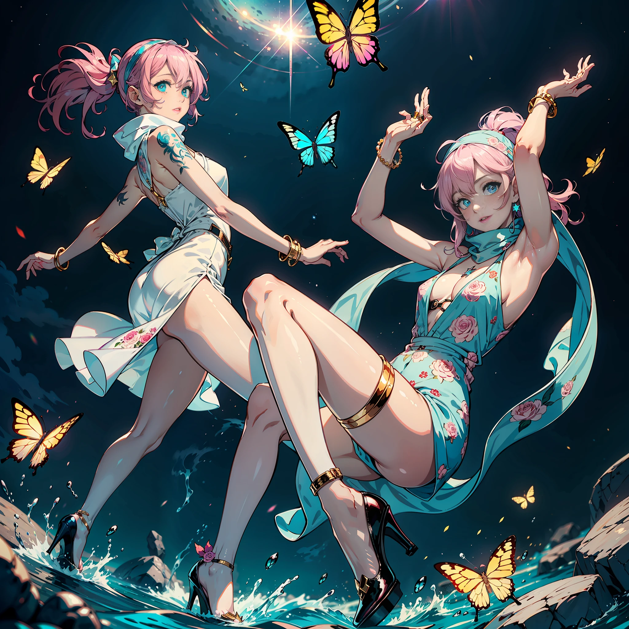 The figure is the golden ratio,The face is also the golden ratio,Cyan pupils,Big eyes of the water spirit,There is a pink star in the right eye,Pale pink lips,Delicate and cute nose,Pink Long Hair,Wears a white headband,The hairband has a small red dragon horn at each end,He wore a white scarf with NASA printed on it around his neck,D-cups,Wearing a long white mink down dress,Both arms are white and slender,Soft muscle lines,On the left wrist he carries Bulgari's emerald quartz watch,On his right wrist he wears a light blue bracelet with 02 printed on it,The smile is bright and moving,Slender and skinny fingers,On the ring finger of the left hand, he wears a diamond ring with a glimmer of blue light,Two fair and slender legs,A small rose is tattooed on the inside of the left leg,The legs are worn with white stockings printed with butterflies,He wears light blue high heels with baby dinosaurs on his feet,Stand under the clear starry sky,