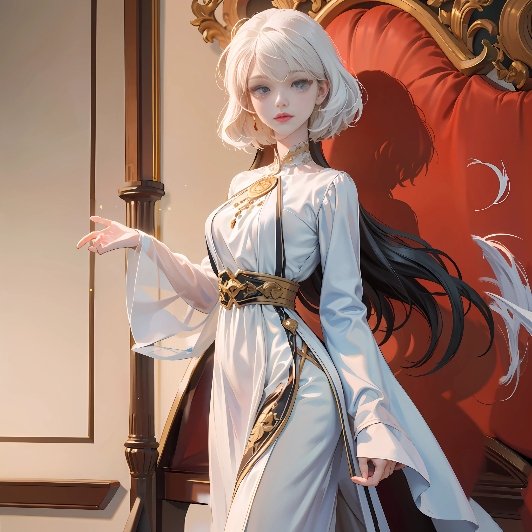 ((Beautiful painting style)), high high quality, High- sharpness, at the lakes, scenic view, The girl is dressed in a white dress, Eyes with a mysterious red light, Hair flutters in the wind, In the distance, there is a faint lake light reflected on the water, The picture is full of mystery and majesty。