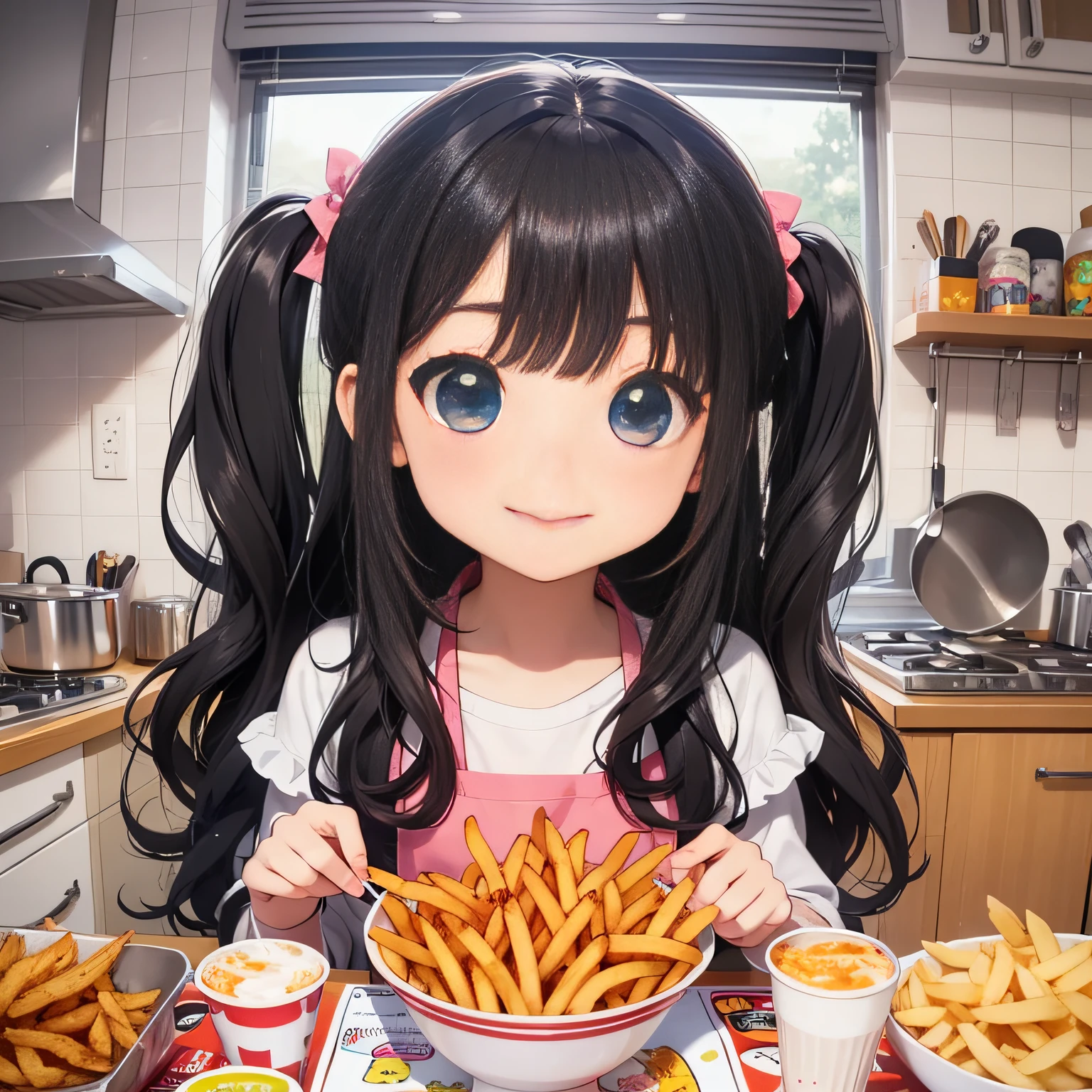 perfect-composition、Perfect pictorial composition、Cartoon girl with long hair、cartoon artstyle、Cartoon Cute Girl、Chibi Girl、Chibi、cute cartoon style、Cute art style、Cartoon style、Cartoon style illustration、Digital art of cartoons、Cute digital art、Cute anime girl、Chibi、estilo chibi、Kawaii Girl、an anime drawing、pop-art、Cartoon style illustration、3Equivalent、Head large、kawaii eyes、radiant eyes、Sparkling eyes、kawaii faces、Innocent face、smooth hair、Black hair、Black hair、ato fries、french fried、French fries in cooking、kindly smile、Eat french fries